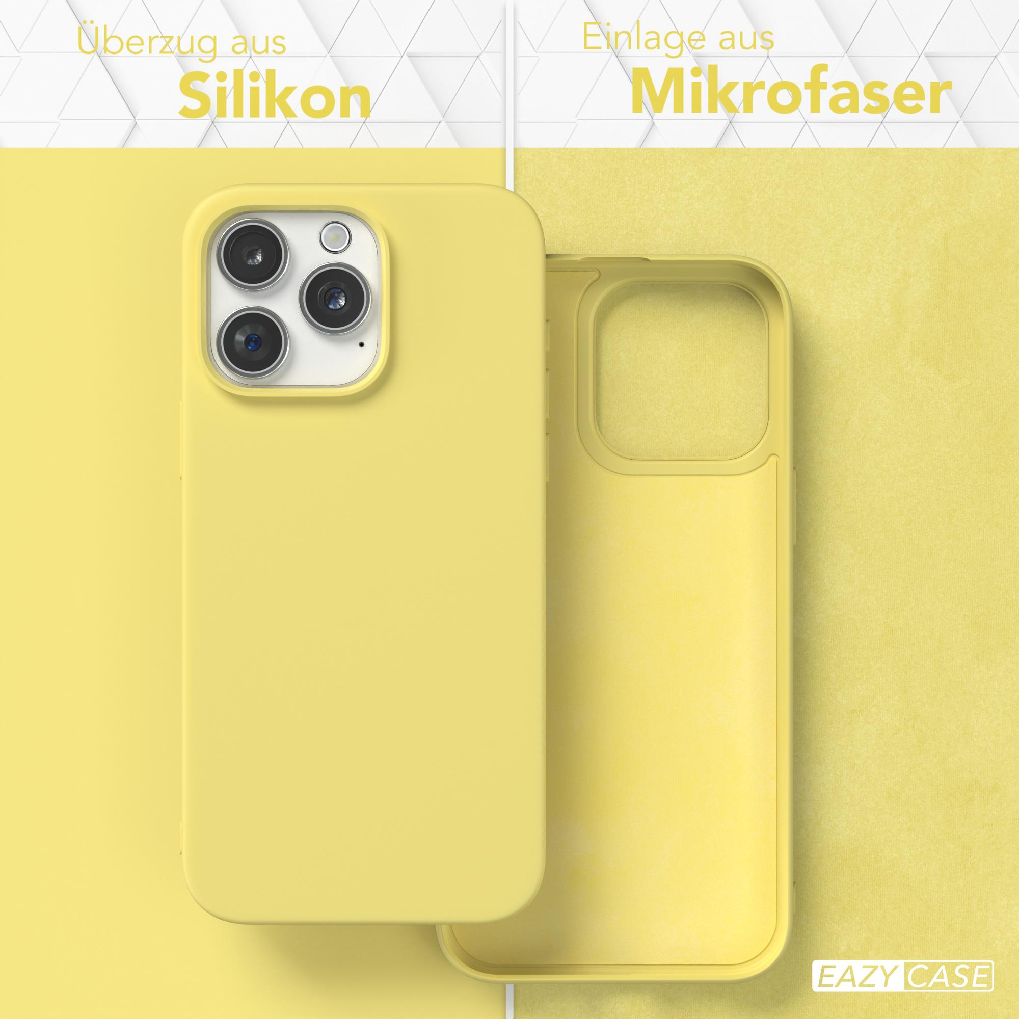 Gelbe Handyhülle und Telefon, Silikonhülle und Mikrofaserfutter, auf gelbem Hintergrund.
