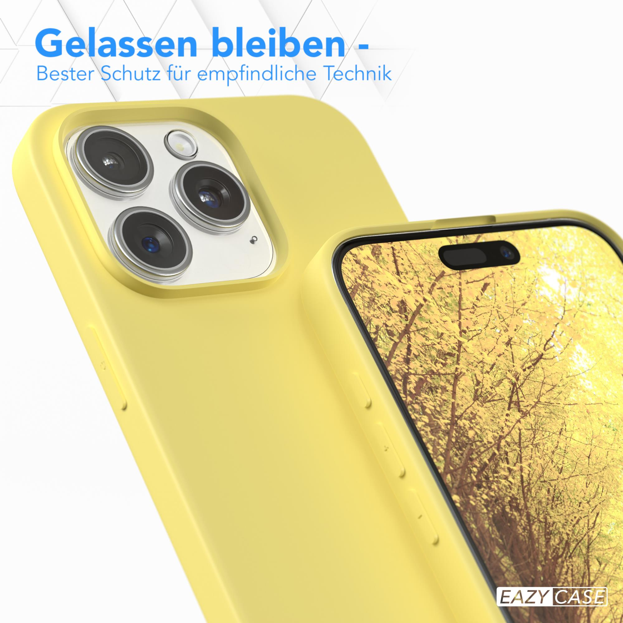 Eine gelbe Handyhülle und ein gelbes Telefon. Das Telefon zeigt ein Hintergrundbild von Bäumen.