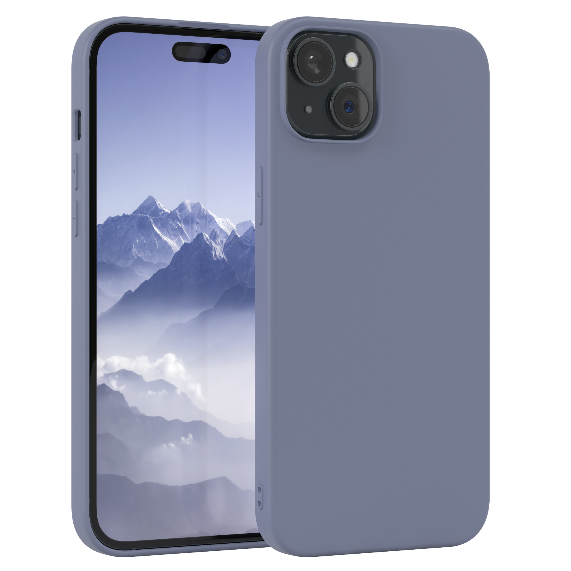 Eine blaue Handyhülle mit zwei Kameras hinten und einem Telefondisplay.
