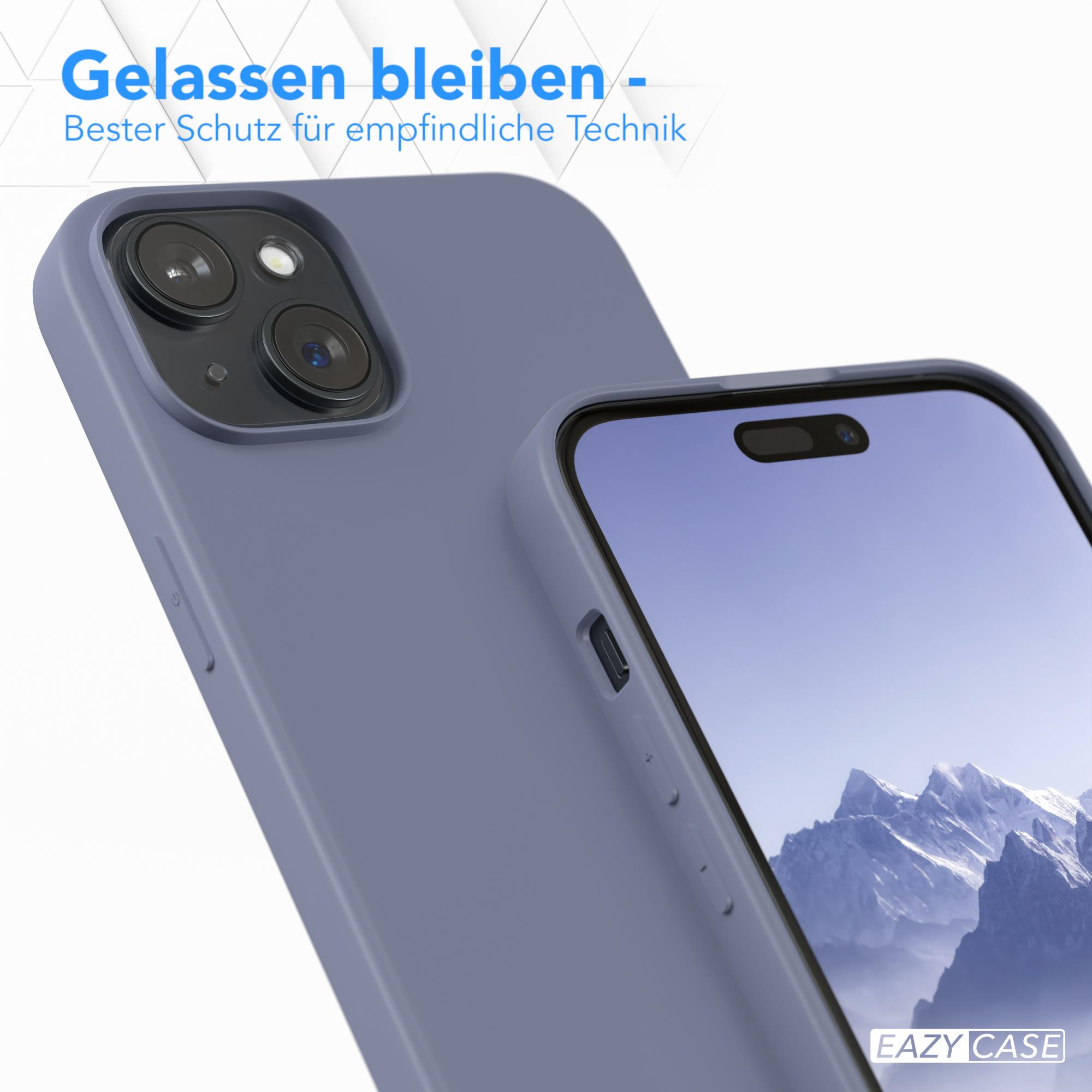 Blaue Handyhülle auf einem Telefon. Die Handyhülle bedeckt die Rückseite.
