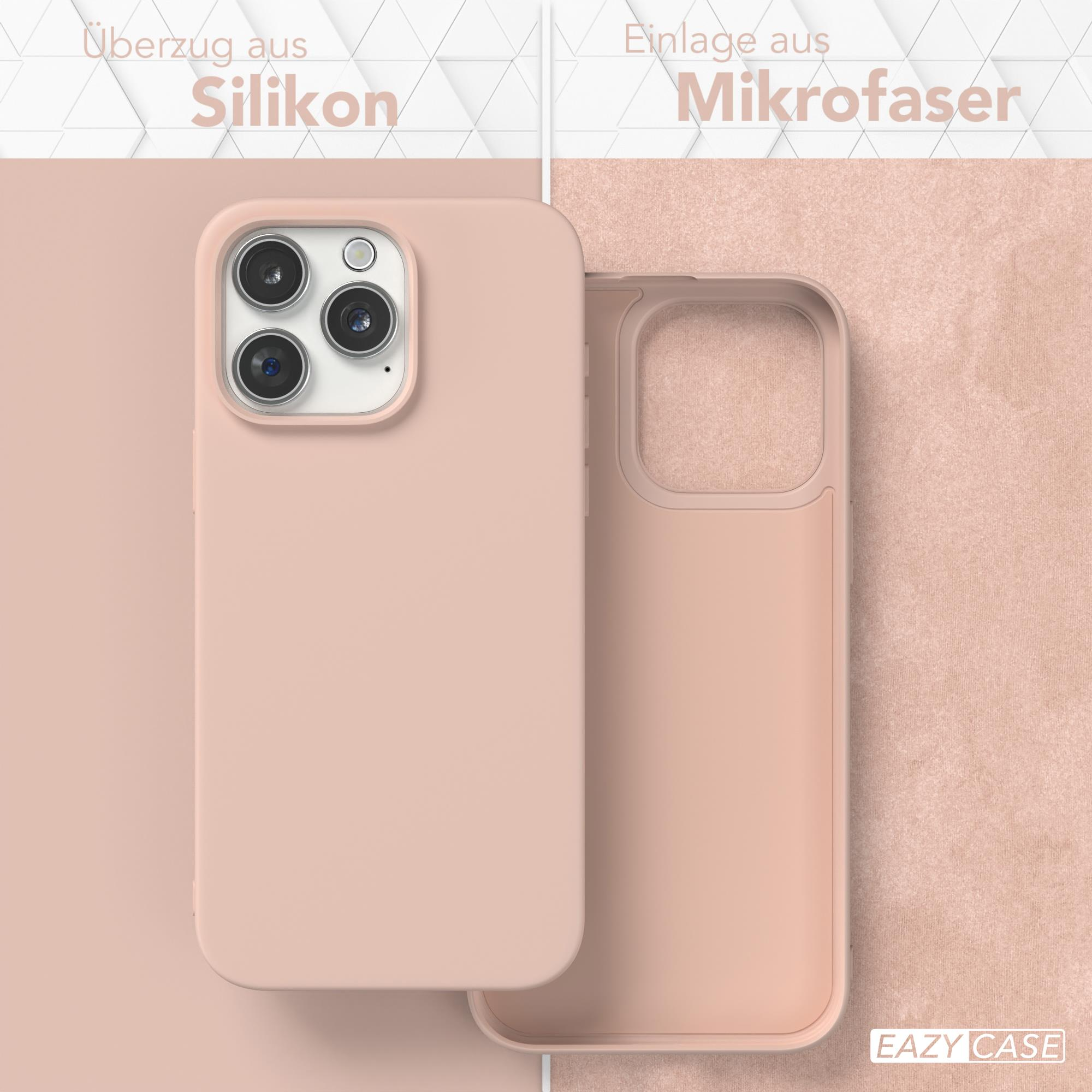 Eine rosa Handyhülle mit Silikon außen und Mikrofaser innen wird auf rosa Oberfläche gezeigt.