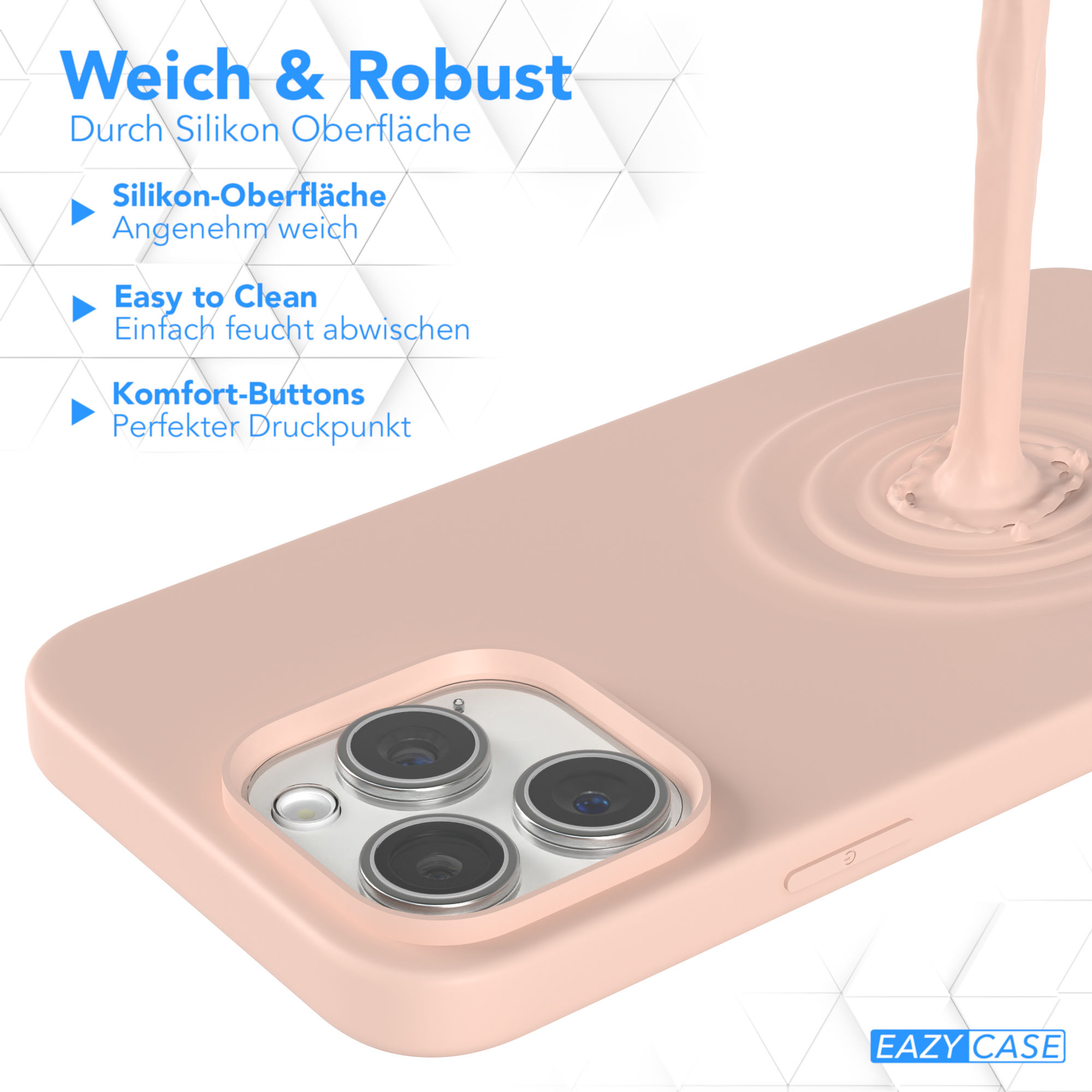 Eine rosa Handyhülle mit Kameraausschnitten. Rosa Flüssigkeit wird darüber gegossen. Text links.