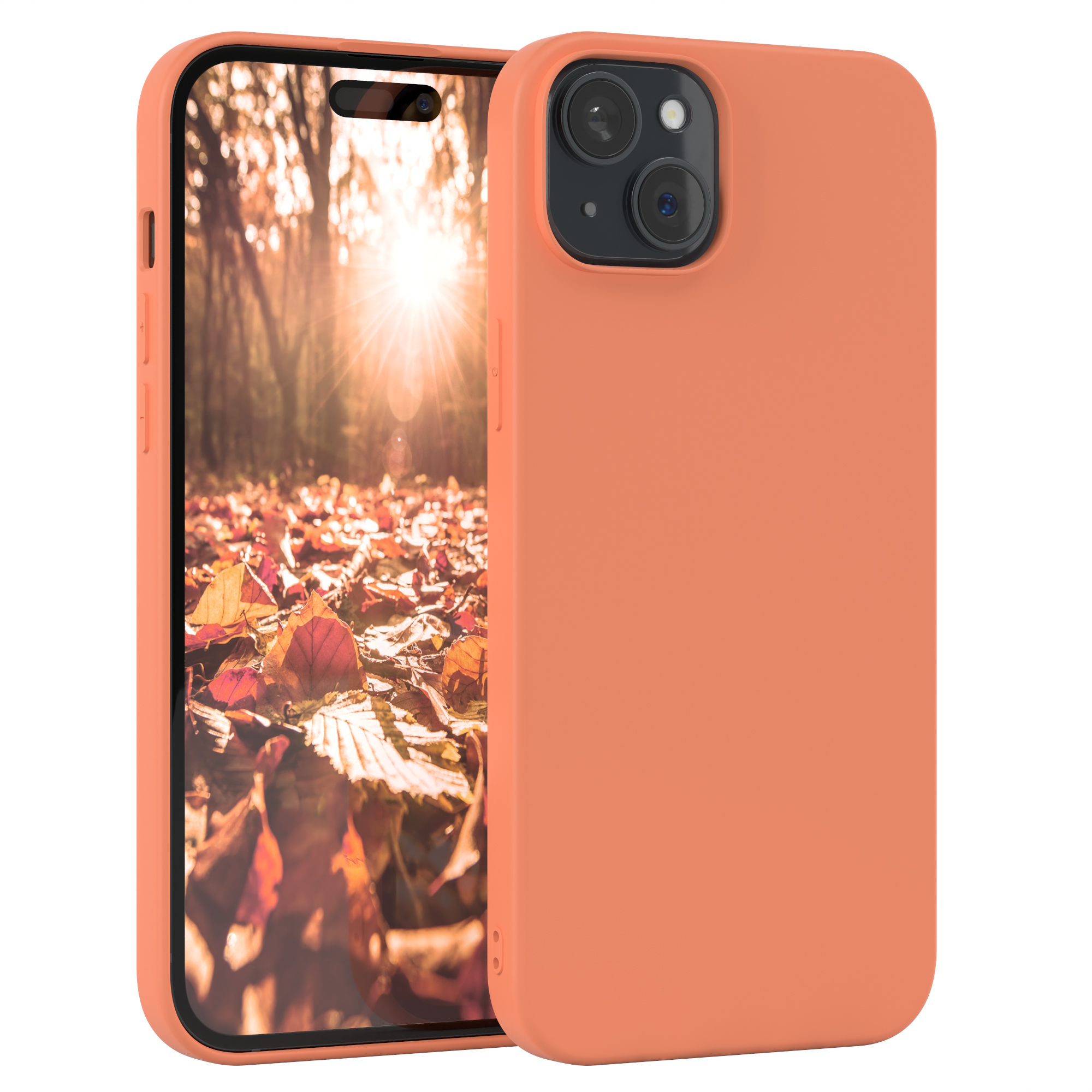 Orangefarbene Handyhülle mit Telefon, Rückseite sichtbar, mit Kamera.