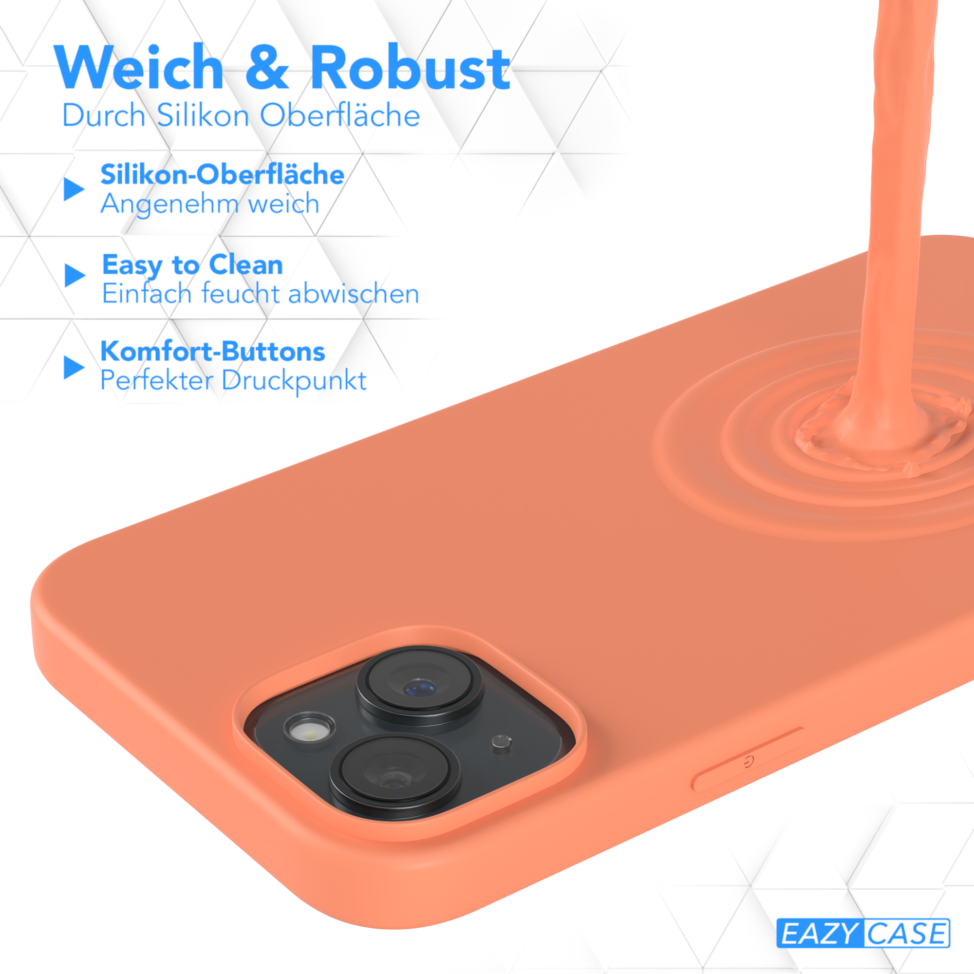 Orange Handyhülle mit einem Telefon und orangefarbener Flüssigkeit, die darauf gegossen wird. Text: Weich & Robust.