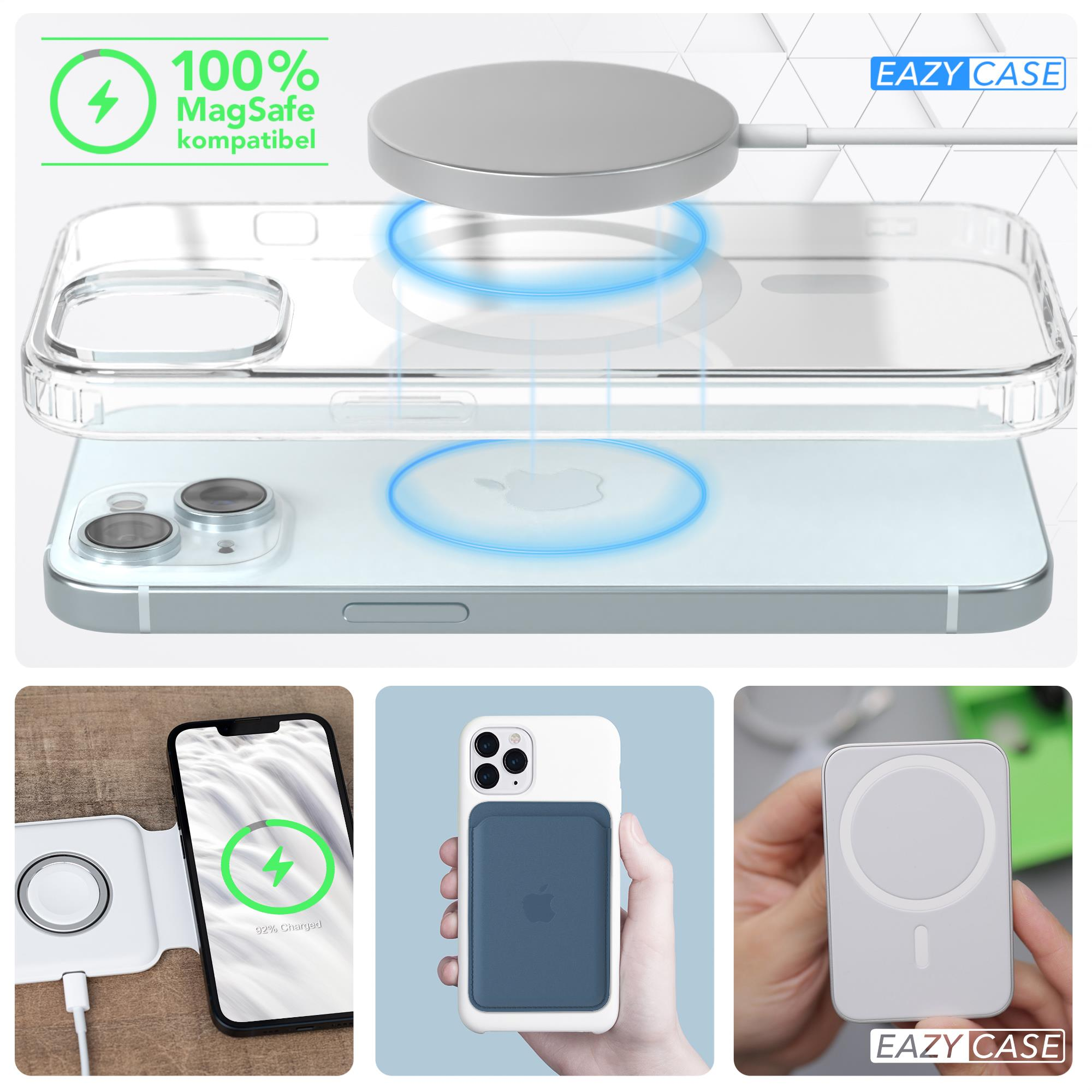 Ein Telefon lädt drahtlos mit einem MagSafe-Ladegerät. Außerdem ein Geldbörsen-Ladegerät und eine Handyhülle.