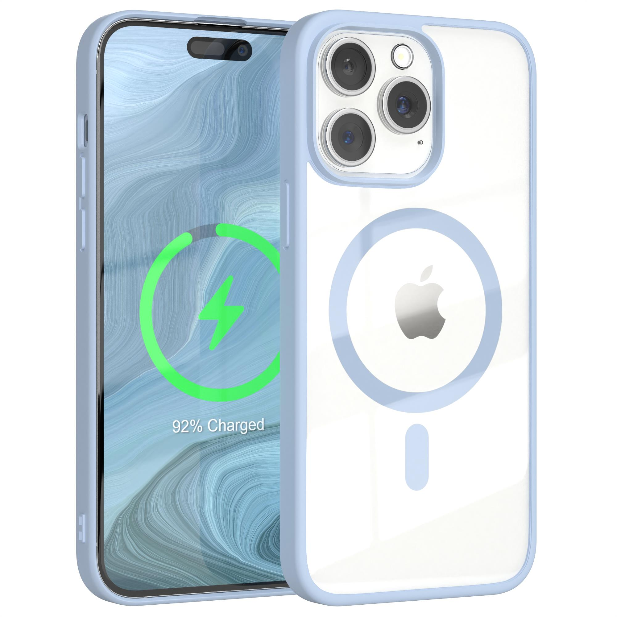 Blaue Handyhülle mit Telefon, mit Ladeanzeige. Das Telefon hat drei Kameras.