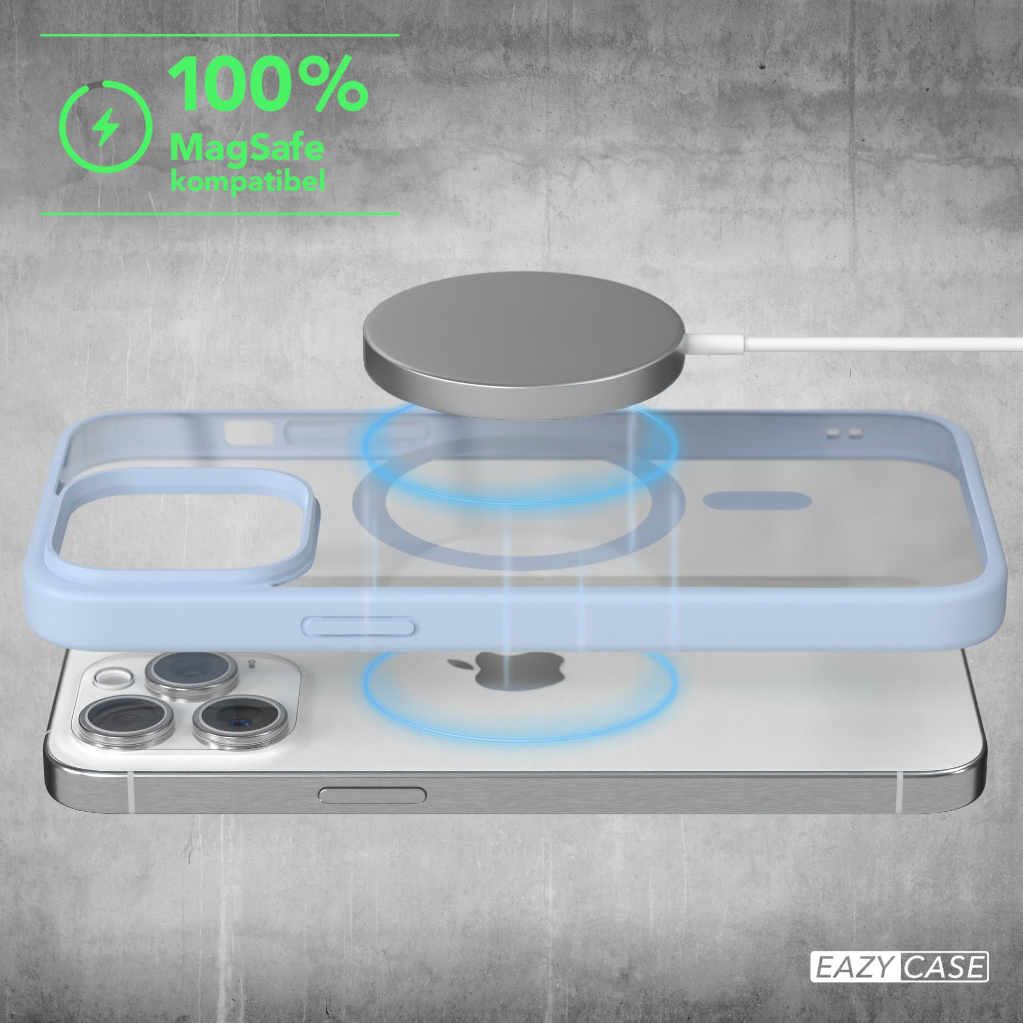 Transparente Handyhülle mit Telefon. MagSafe-Ladegerät darüber. Text: 100% MagSafe-kompatibel.