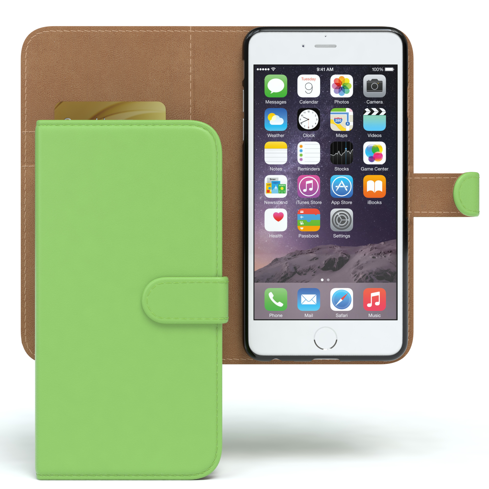 Grüne Handyhülle mit Telefon, das den Startbildschirm zeigt, auf brauner Oberfläche.