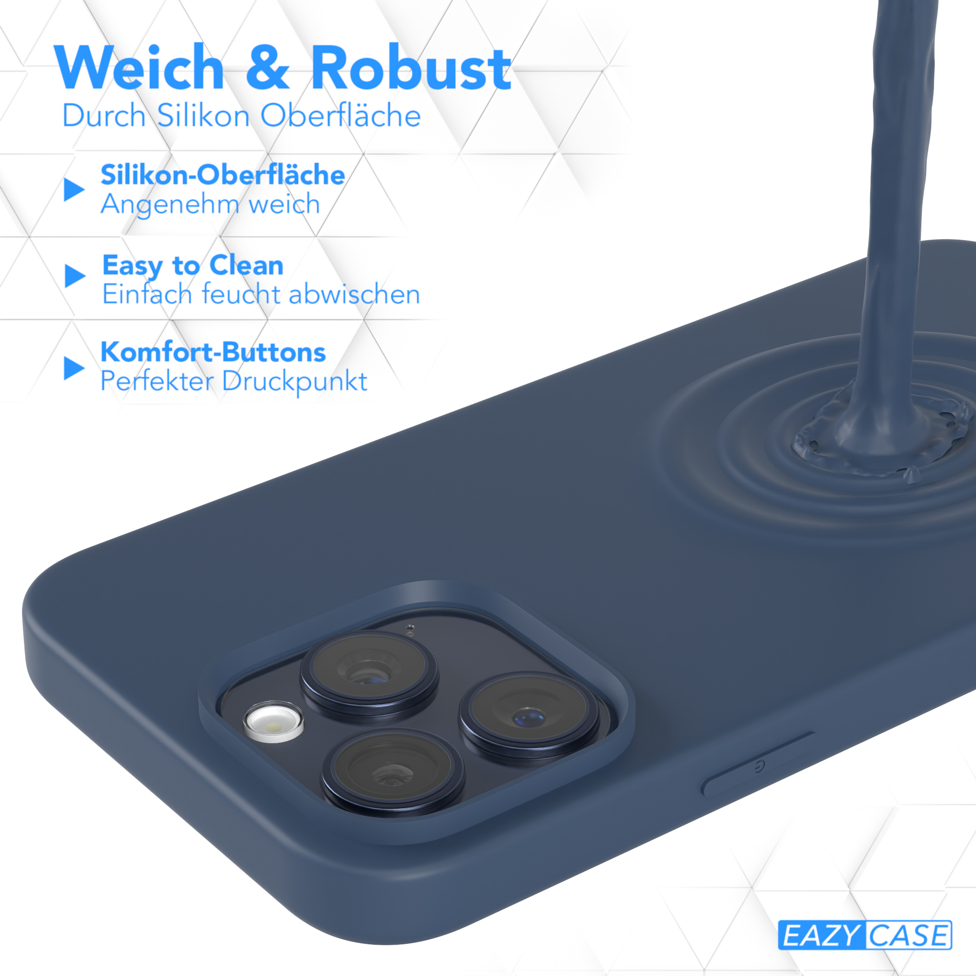 Nahaufnahme einer blauen Handyhülle mit drei Kameralinsen. Text: "Weich & Robust".