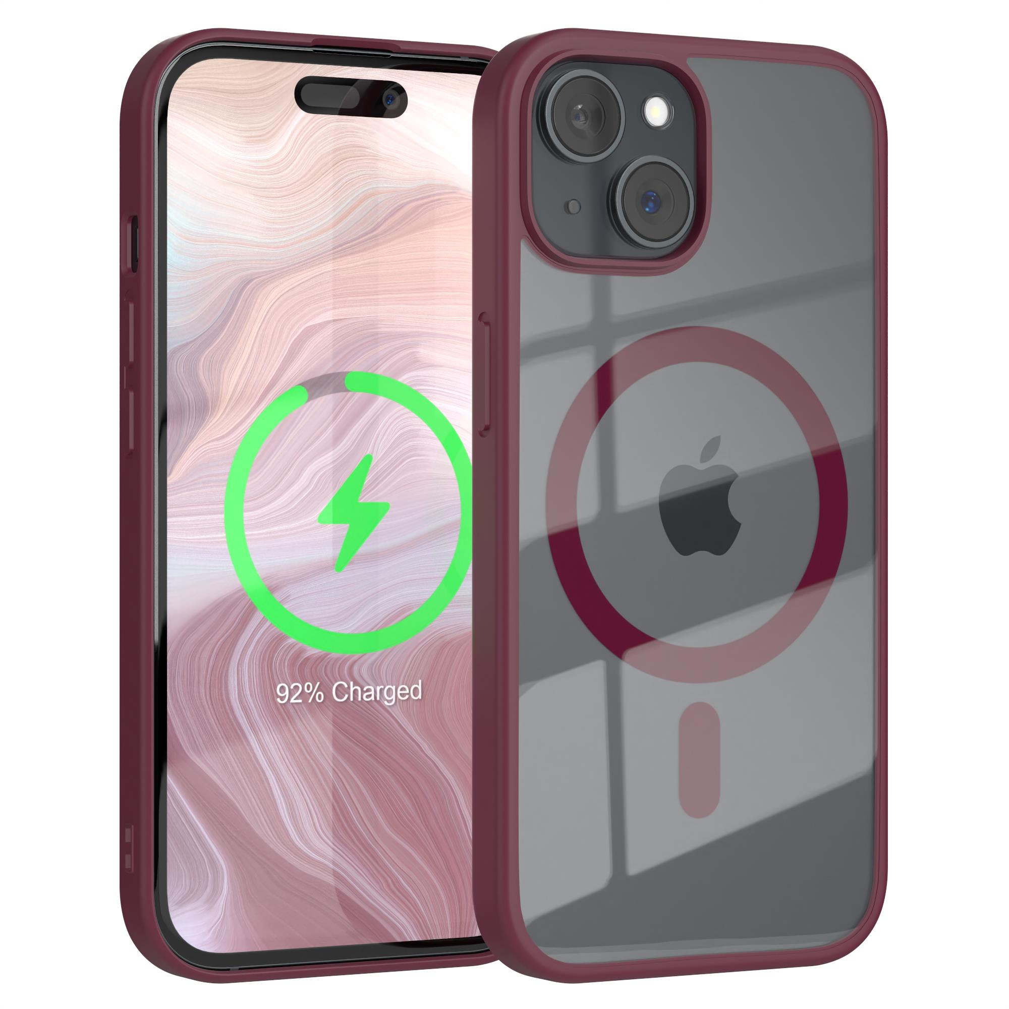 Telefon mit weinroter Hülle, das 92 % Ladung anzeigt. Die Hülle hat Apple-Logo und MagSafe-Ring.