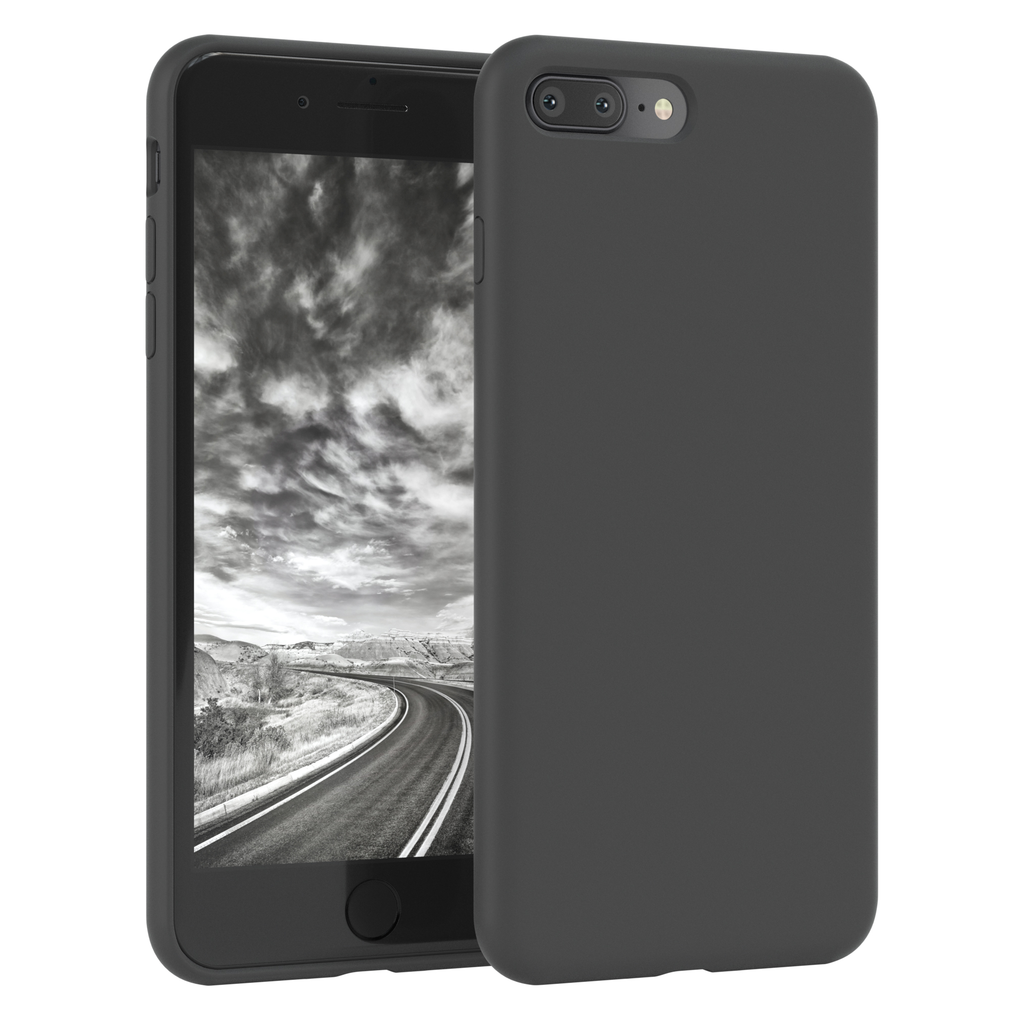 Schwarzes Telefon mit schwarzer Hülle. Es zeigt eine schwarz-weiße Landschaft.