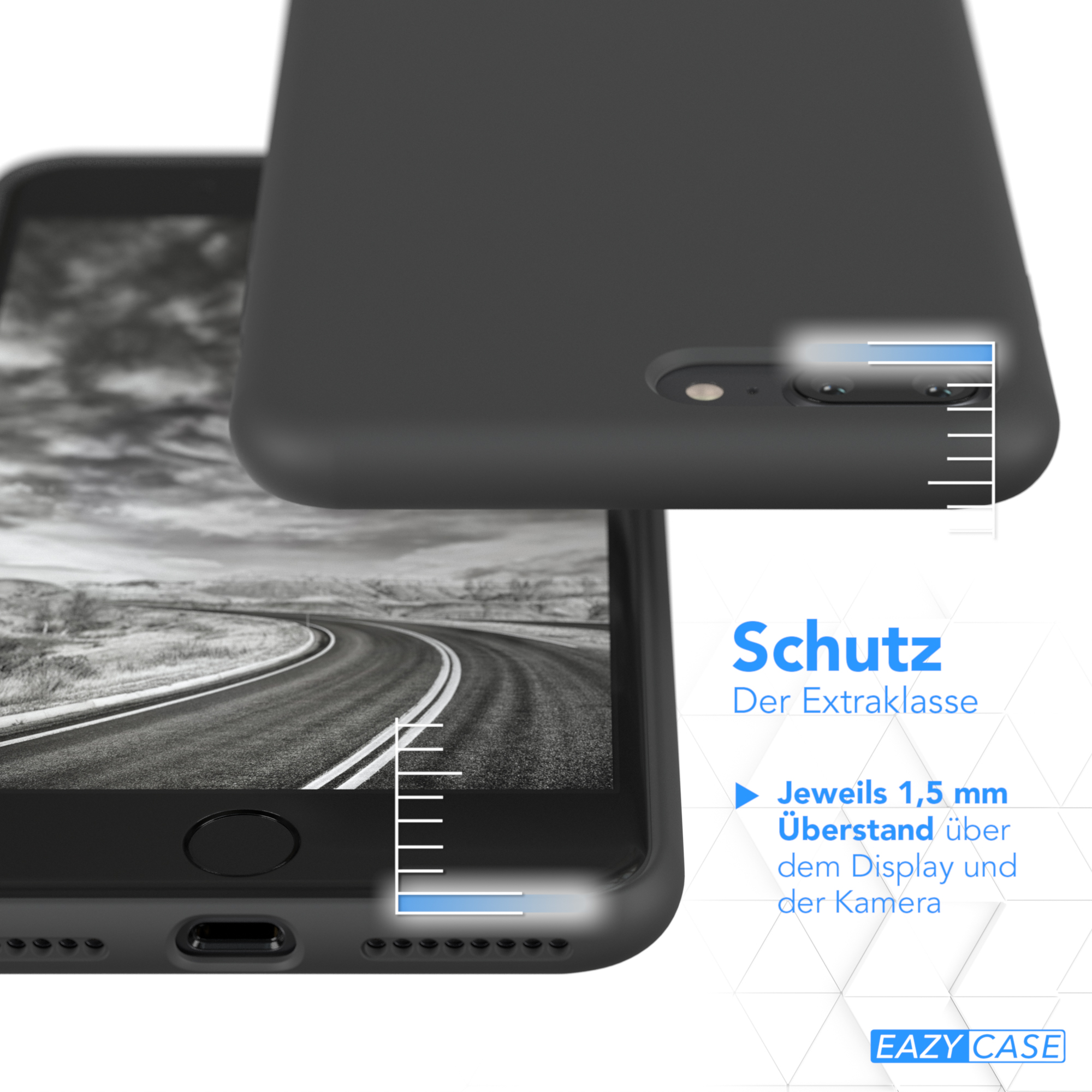 Telefon mit Hülle, zeigt Kamera- und Bildschirmschutz, mit zusätzlichem Schutztext.