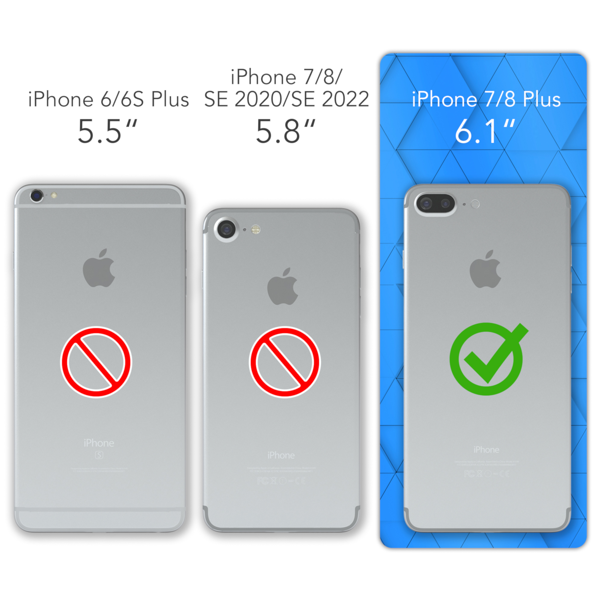 Drei iPhones, Größenvergleich, iPhone 7/8 Plus hervorgehoben.