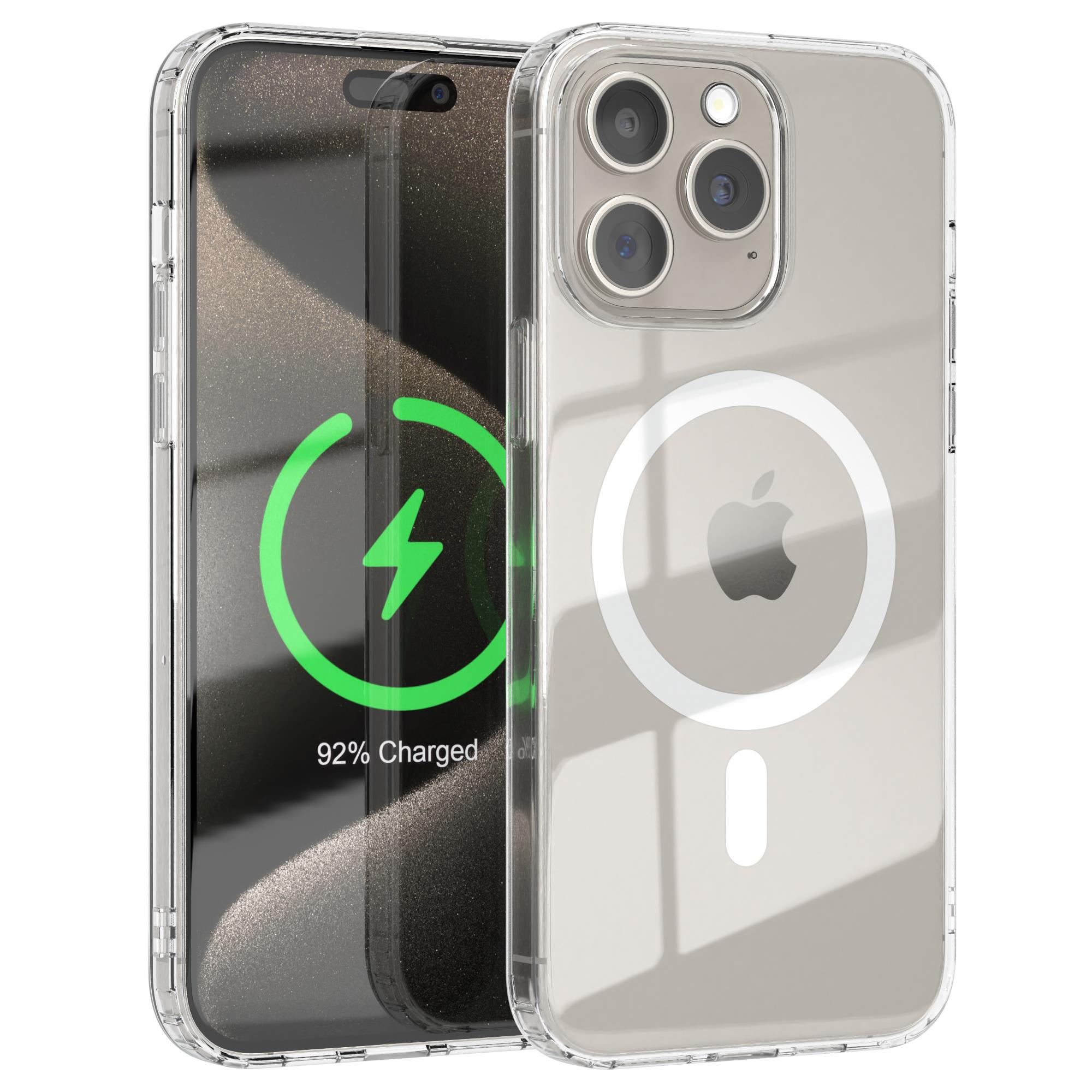 Transparente iPhone-Hülle mit Telefon, das einen Ladebildschirm bei 92 % zeigt.