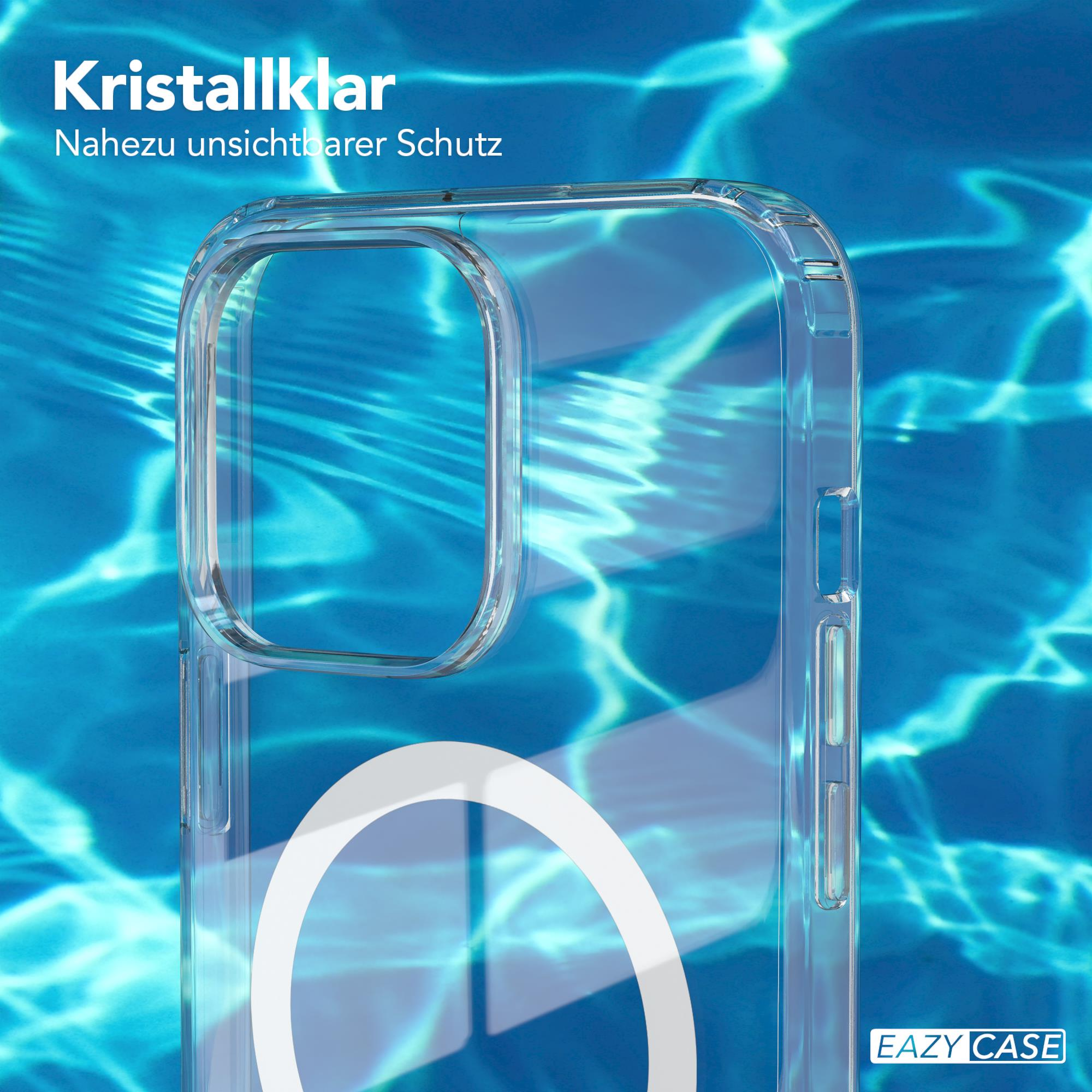 Klare Handyhülle vor blauem Hintergrund, zeigt transparentes Aussehen.