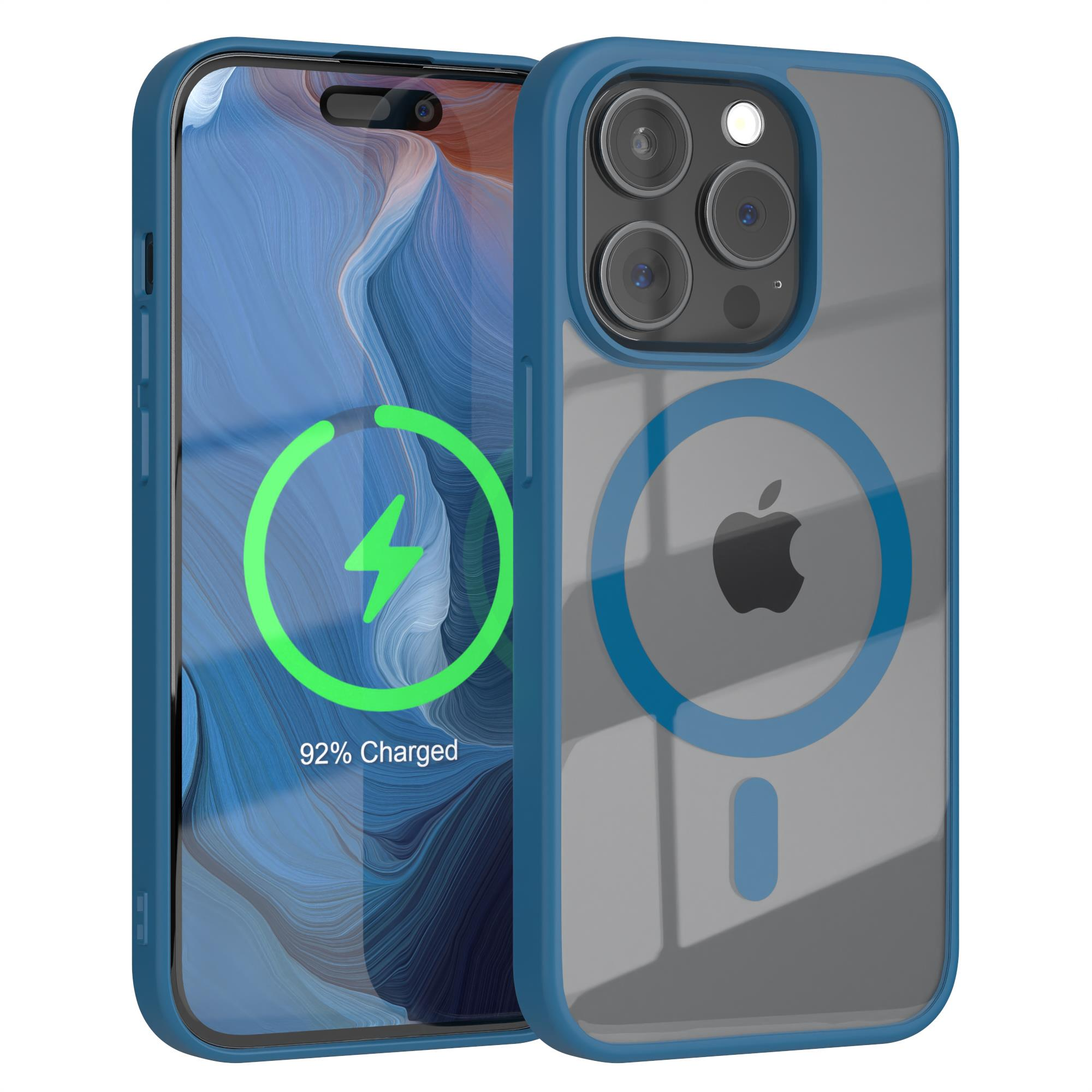Blaue Handyhülle mit Telefon, das geladen wird. Der Bildschirm zeigt einen grünen Blitz.