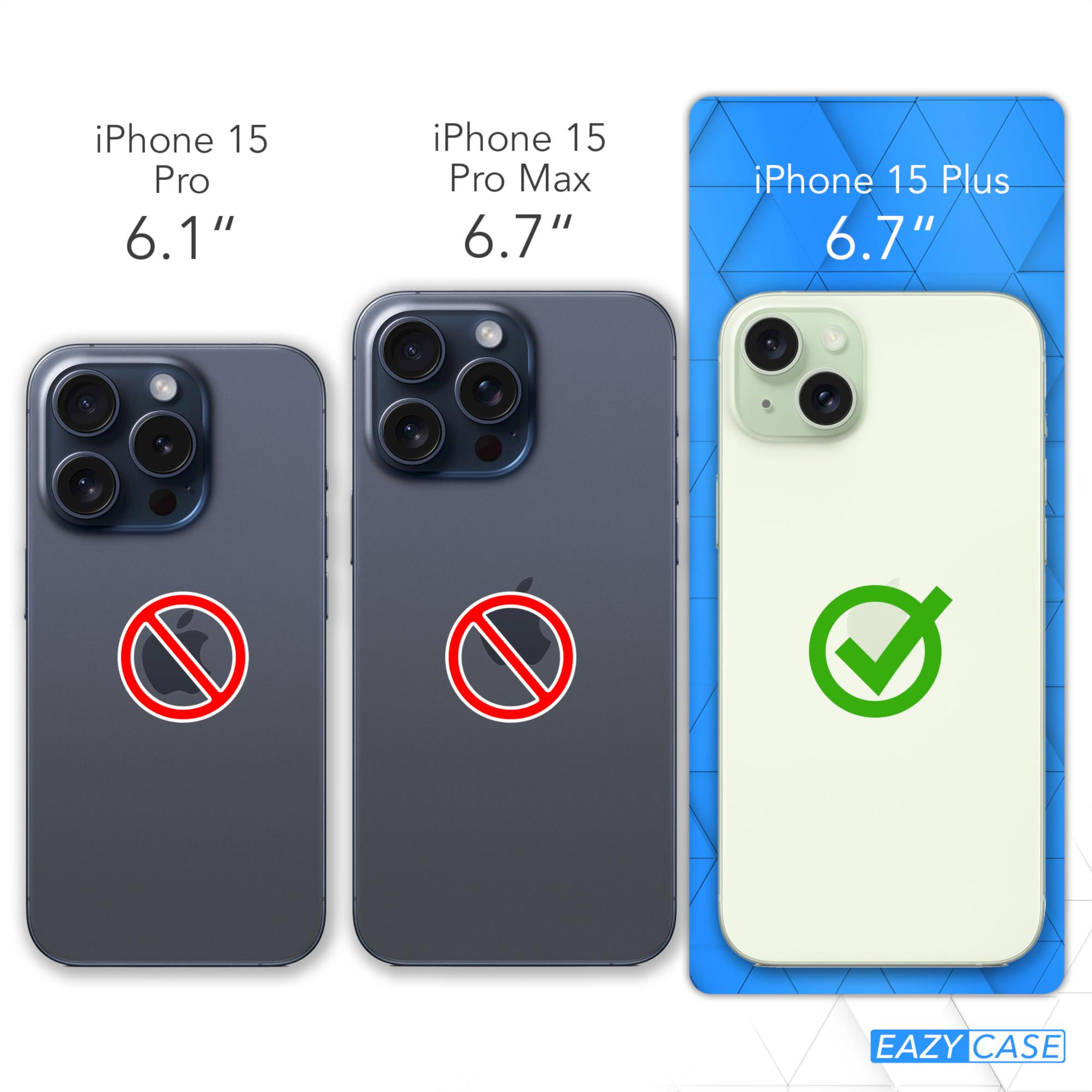 Drei Telefone, iPhone 15 Pro, Pro Max und Plus. Pro und Pro Max haben ein rotes Verbotssymbol.