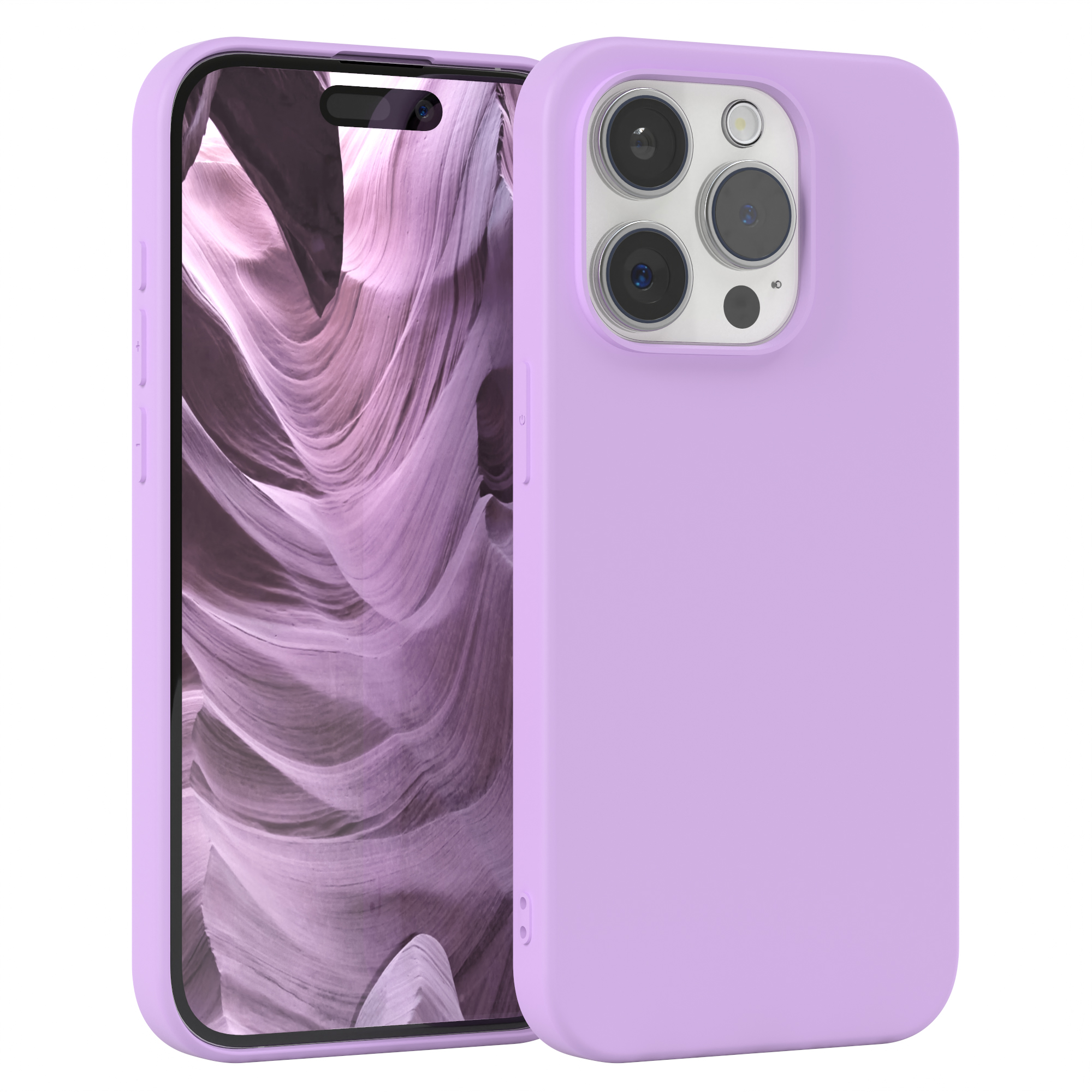 Lila Handyhülle auf dem Handy. Der Bildschirm zeigt einen wellenförmigen, hellvioletten Hintergrund.