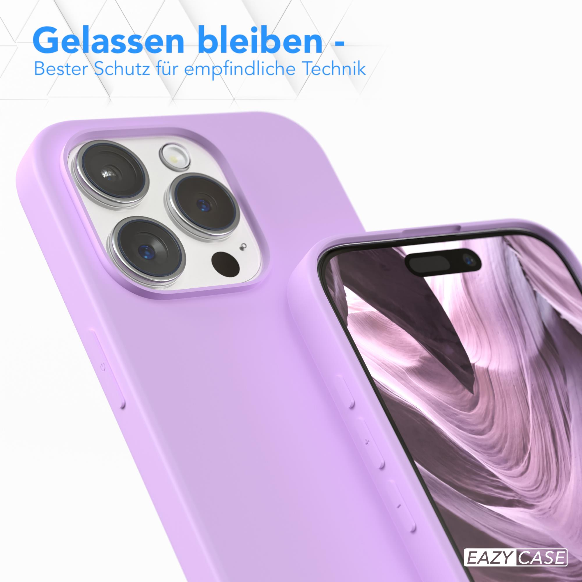 Lila Handyhülle mit Telefon. Die Hülle schützt die Kameralinsen. Weißer Text ist sichtbar.