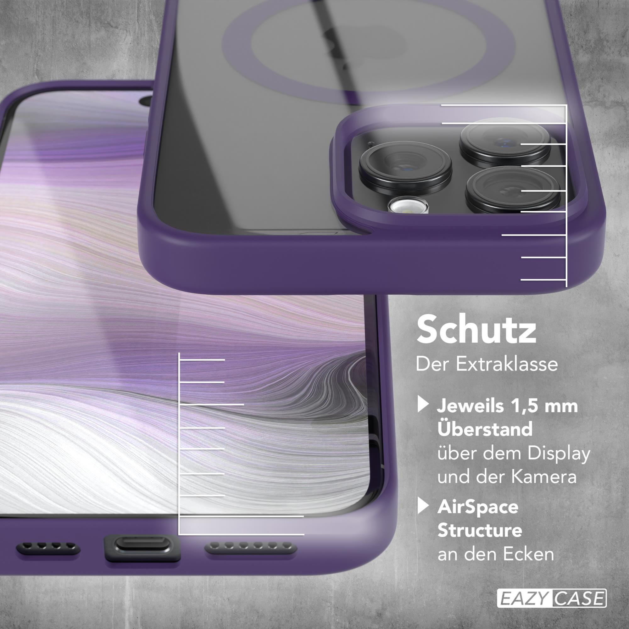 Zwei Handyhüllen, eine in Lila und eine transparente, mit einer Beschreibung des Schutzes.