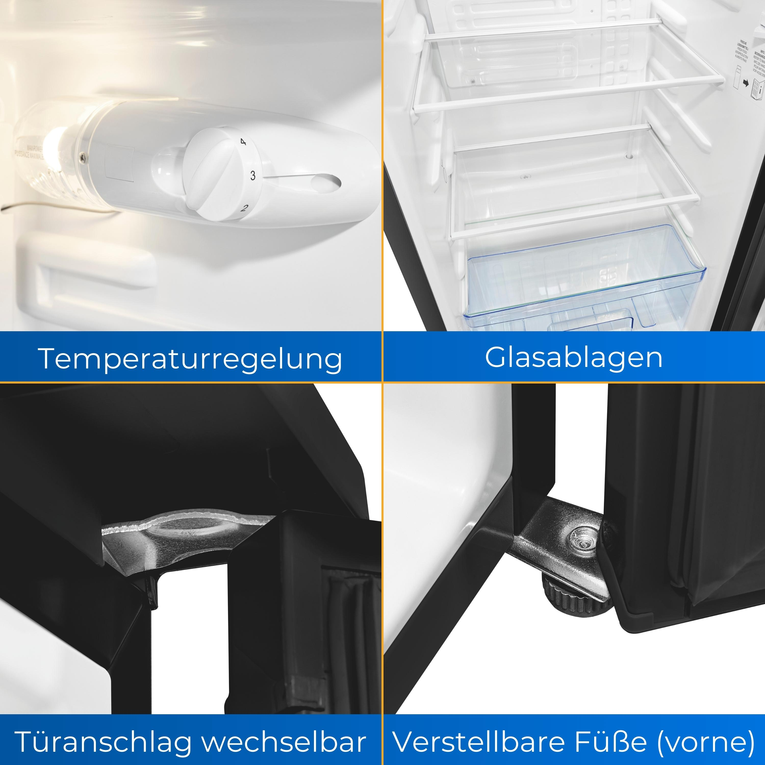 Nahaufnahmen von Kühlschrankkomponenten: Temperaturregelung, Regale, Türscharniere und Füße.