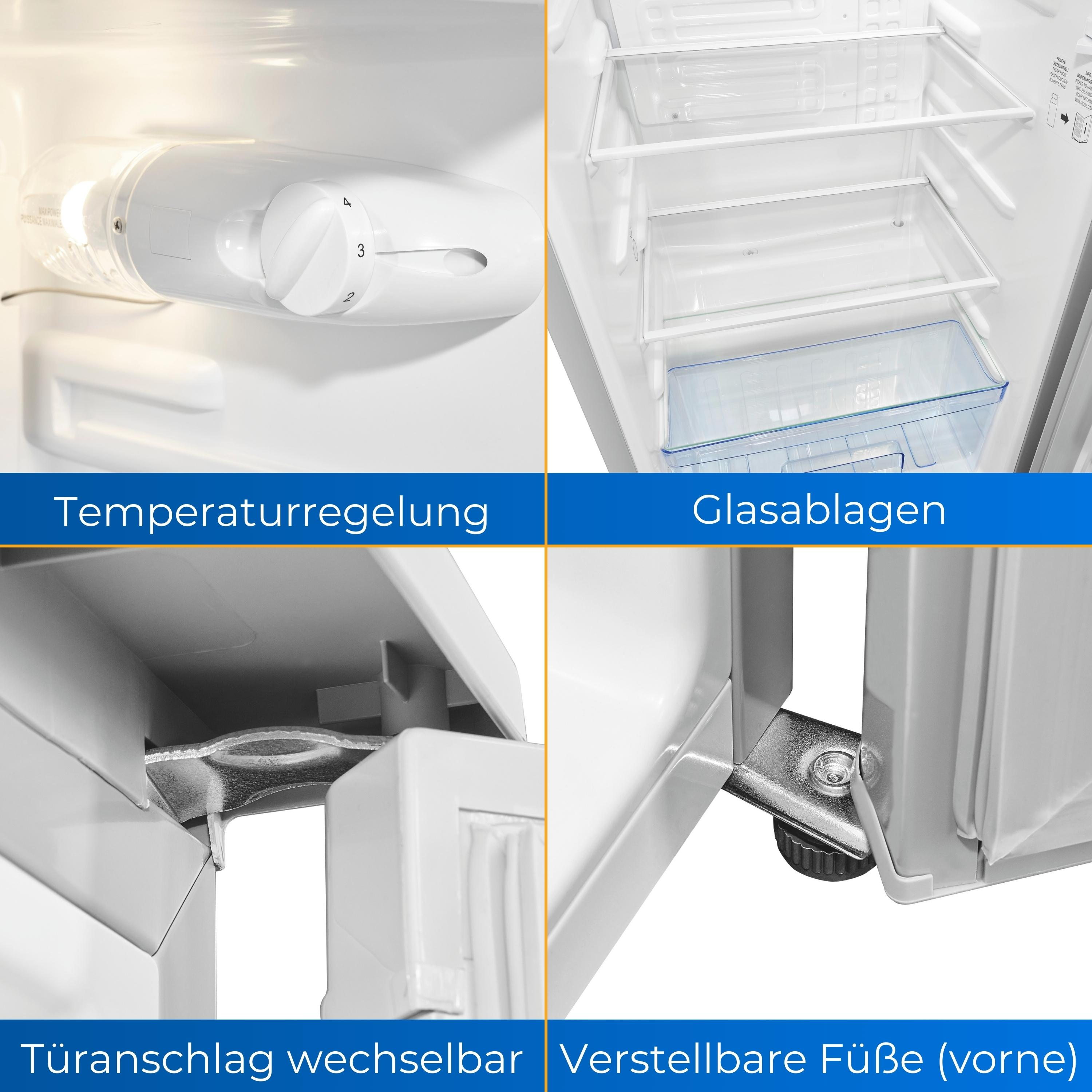 Nahaufnahmen eines weißen Kühlschranks, Details der Temperaturregelung, der Regale und der verstellbaren Füße.