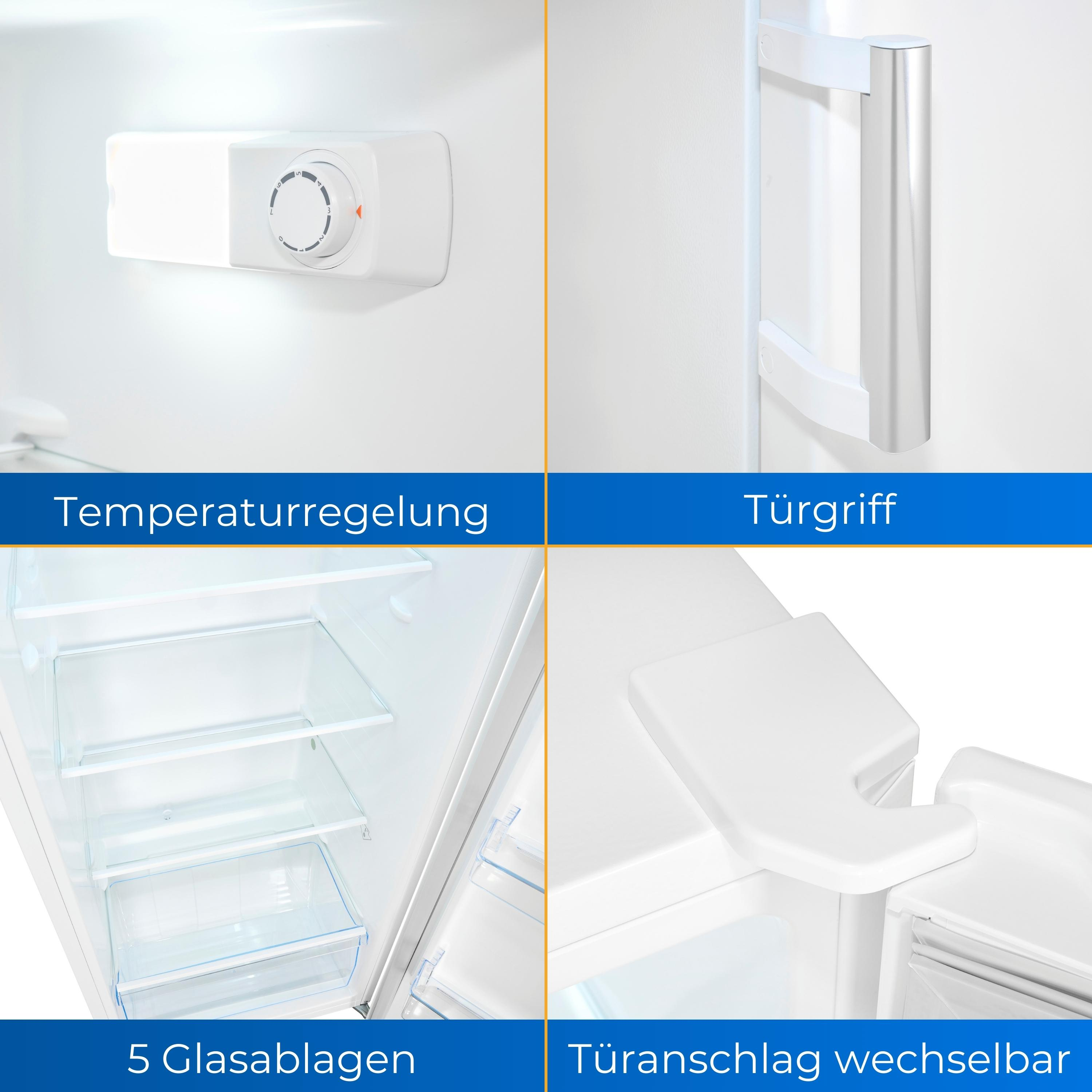 Innenraum eines Kühlschranks mit Temperaturregelung, Griff, Regalen und Türbefestigung.