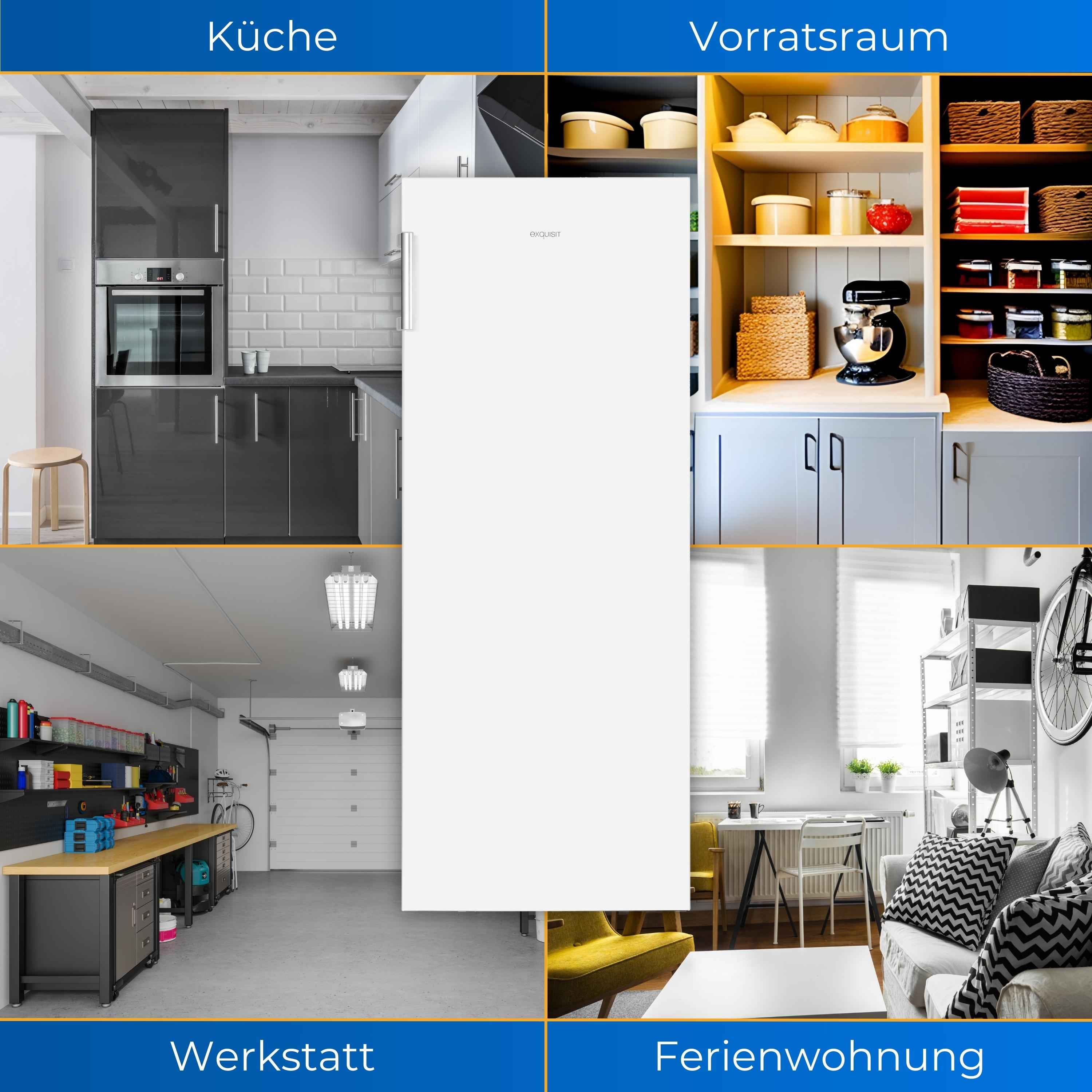 Vier Bilder, die verschiedene Räume mit einem Kühlschrank zeigen. Küche, Vorratsraum, Werkstatt und Ferienwohnung.