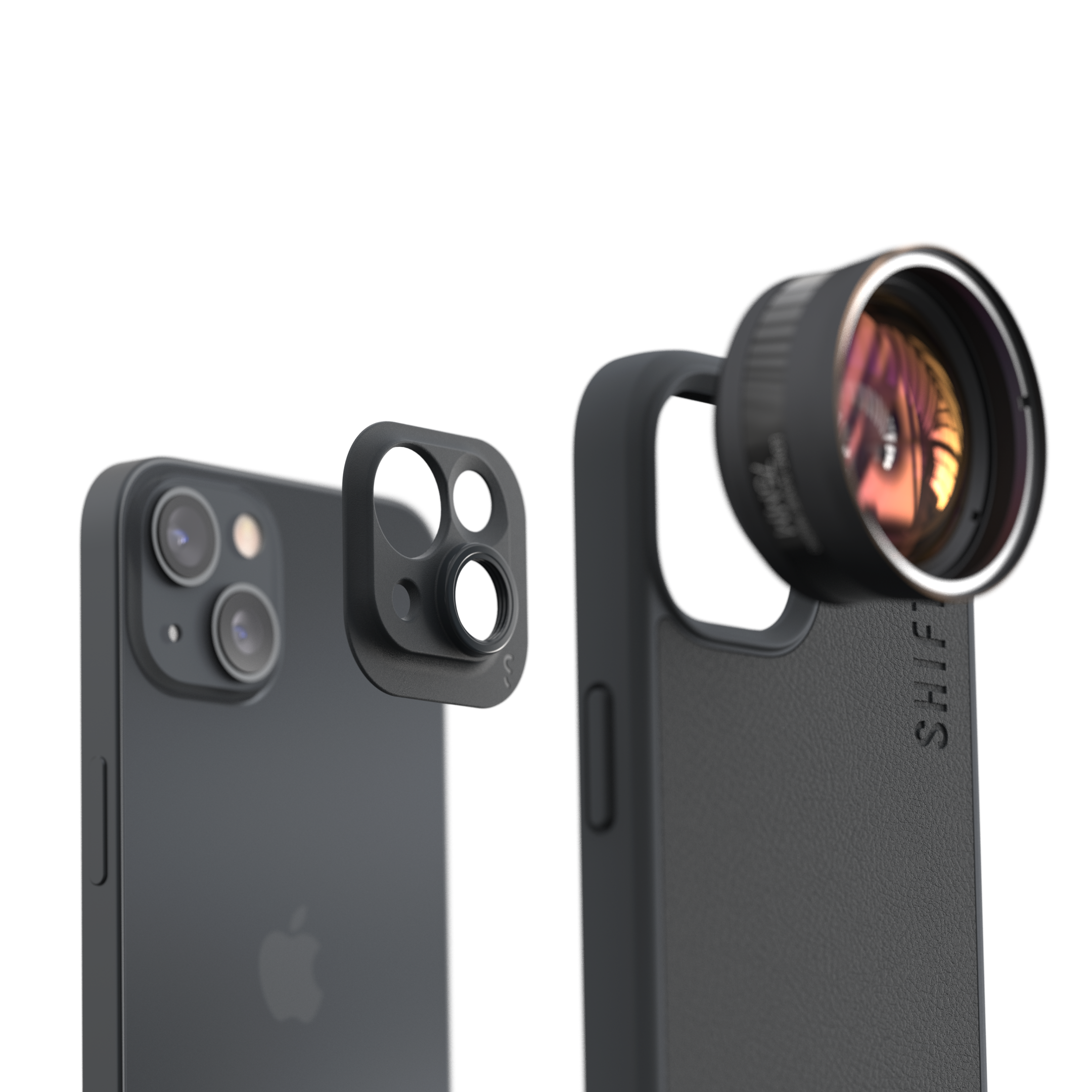 Eine Smartphone-Hülle wird mit einem iPhone und einem Objektivaufsatz gezeigt. Das Objektiv ist rechts und das Telefon links.