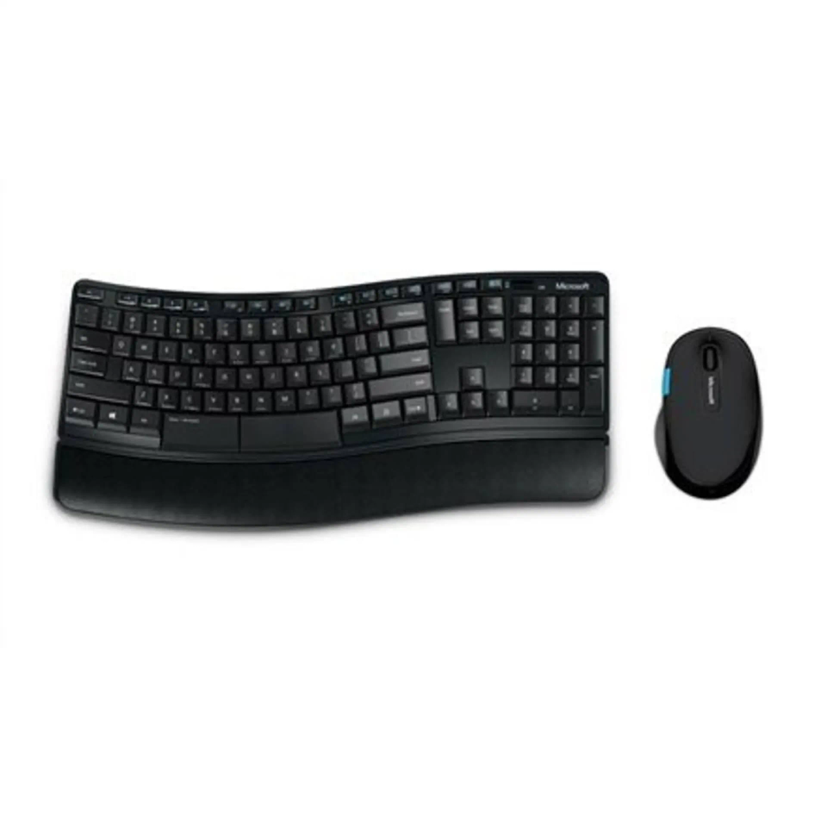 Tastiera e mouse ergonomici neri su sfondo bianco.