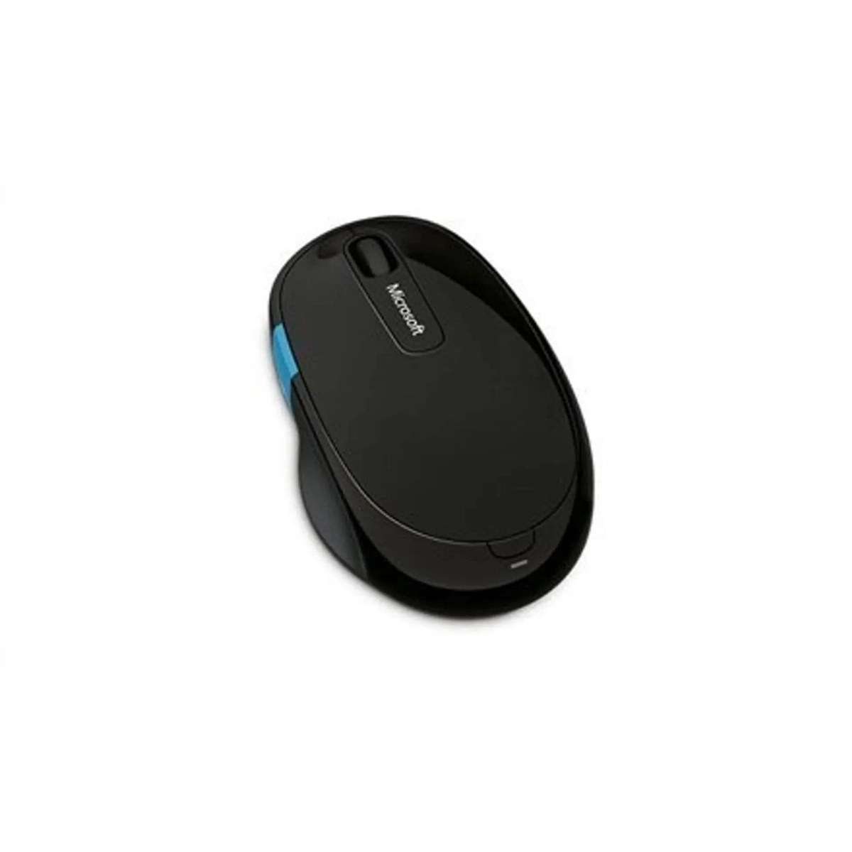 Mouse Microsoft nero con accento blu su sfondo bianco.