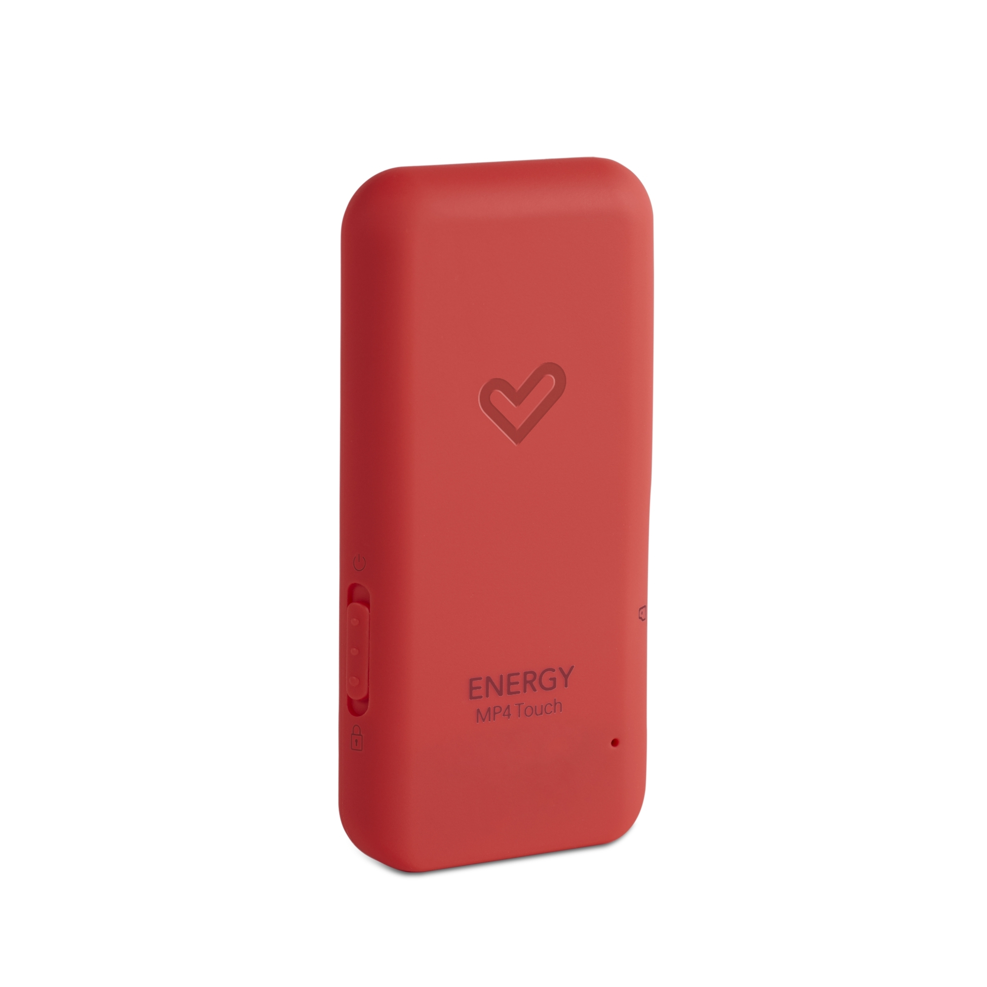 Reproductor MP4 rojo con un logotipo en forma de corazón. El dispositivo tiene botones.