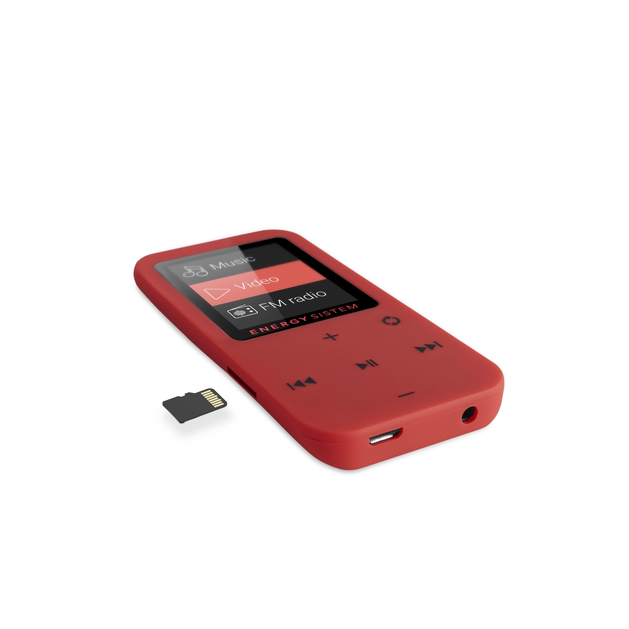 Reproductor de MP3 rojo con tarjeta SD negra insertada. Botones y pantalla visibles.