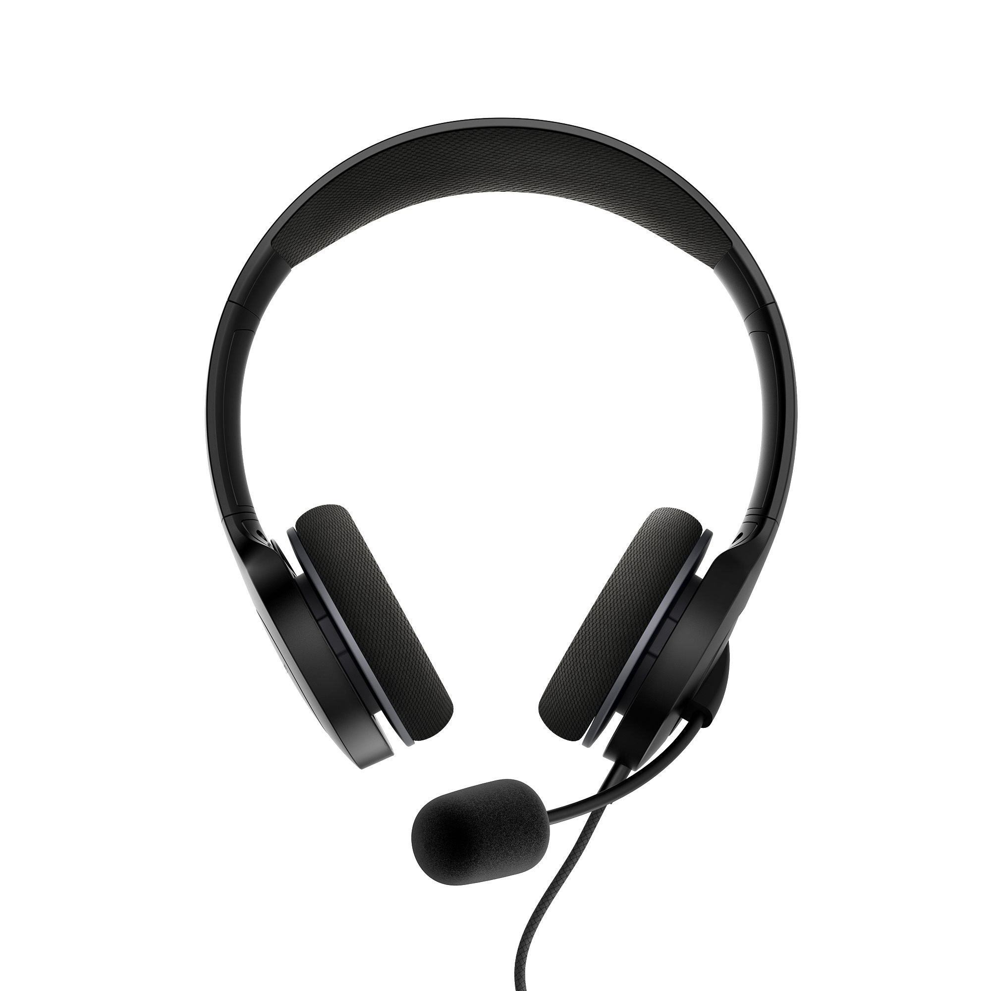Auriculares negros con micrófono, vistos desde arriba, sobre un fondo blanco.