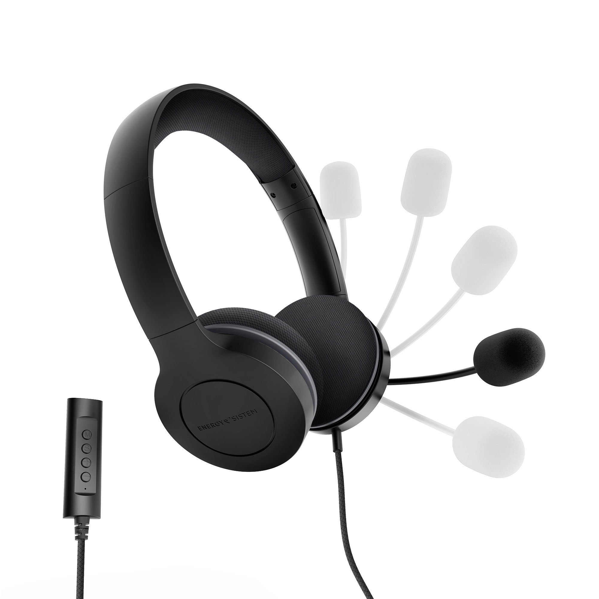 Auriculares negros con micrófono. Cable negro con control en línea y múltiples posiciones de micrófono.