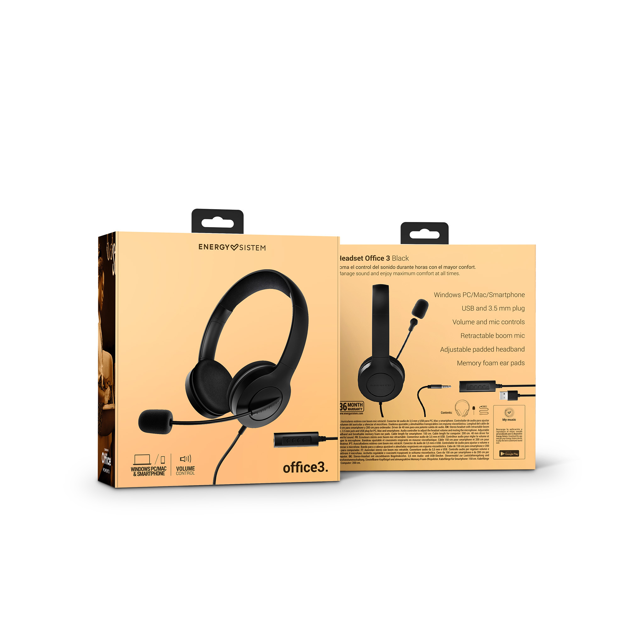 Caja de auriculares con una imagen de auriculares negros. Texto sobre funciones y una imagen de un teléfono inteligente.