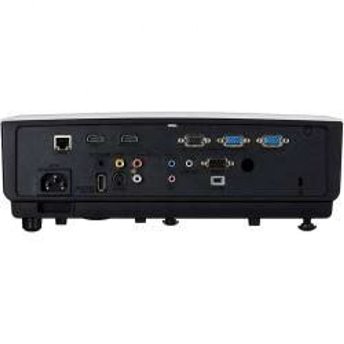Vista trasera de un proyector negro con múltiples puertos y conexiones, incluyendo HDMI y VGA.