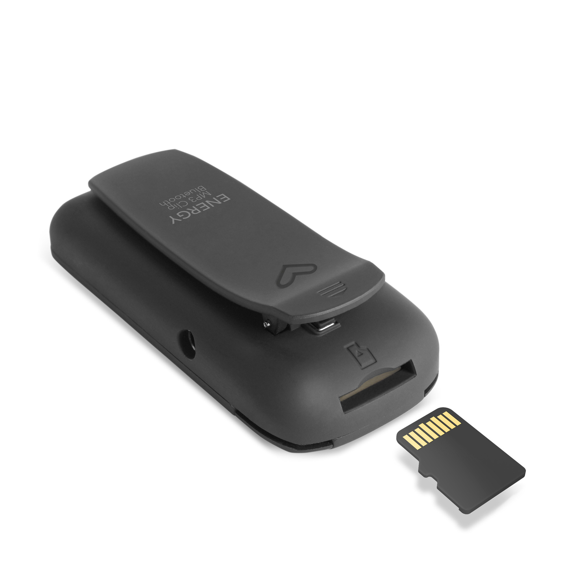 Reproductor MP3 negro con clip y tarjeta SD. El clip es gris, la tarjeta amarilla.