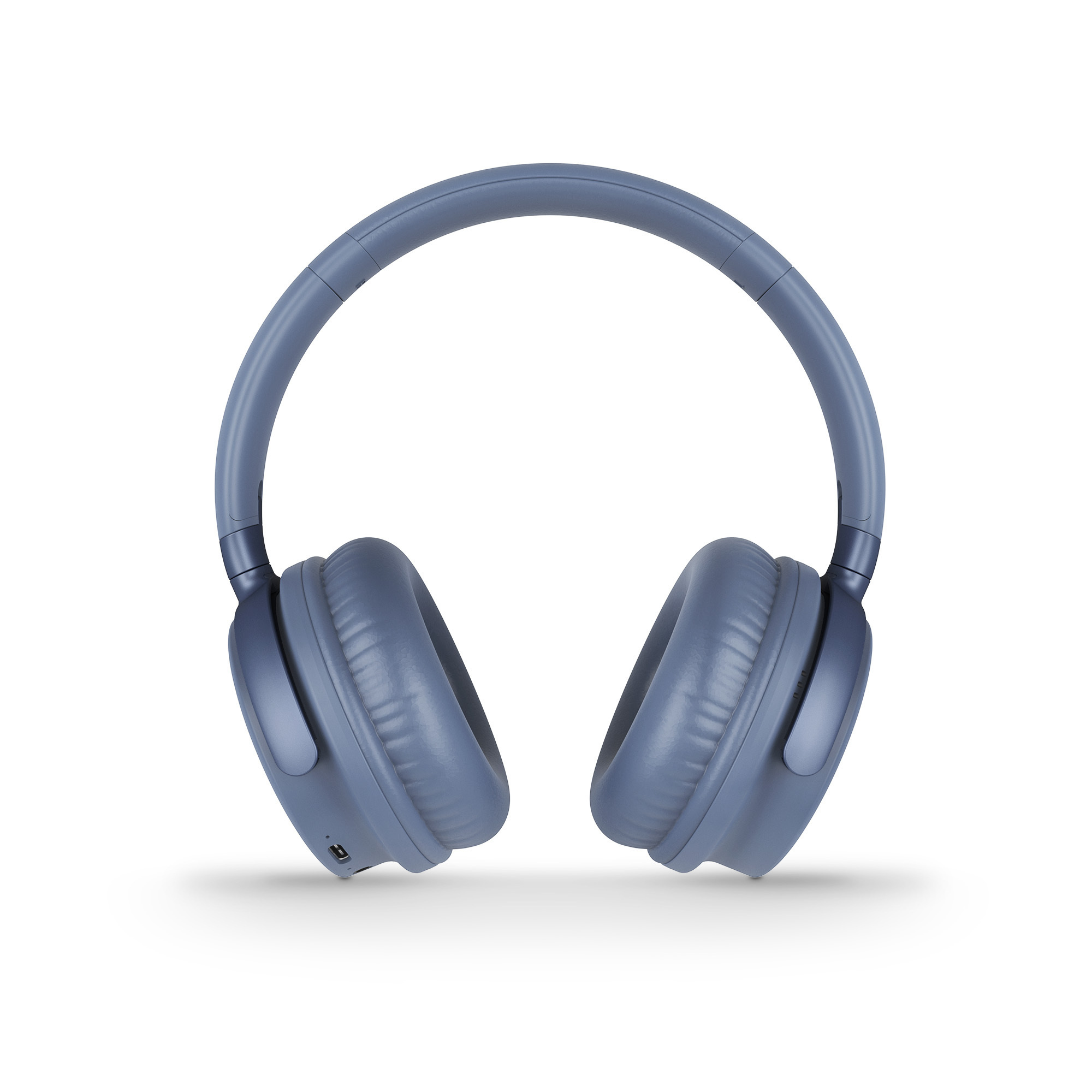 Blaue Kopfhörer auf weißem Hintergrund. Die Kopfhörer sind Over-Ear-Modell und schauen nach vorne.