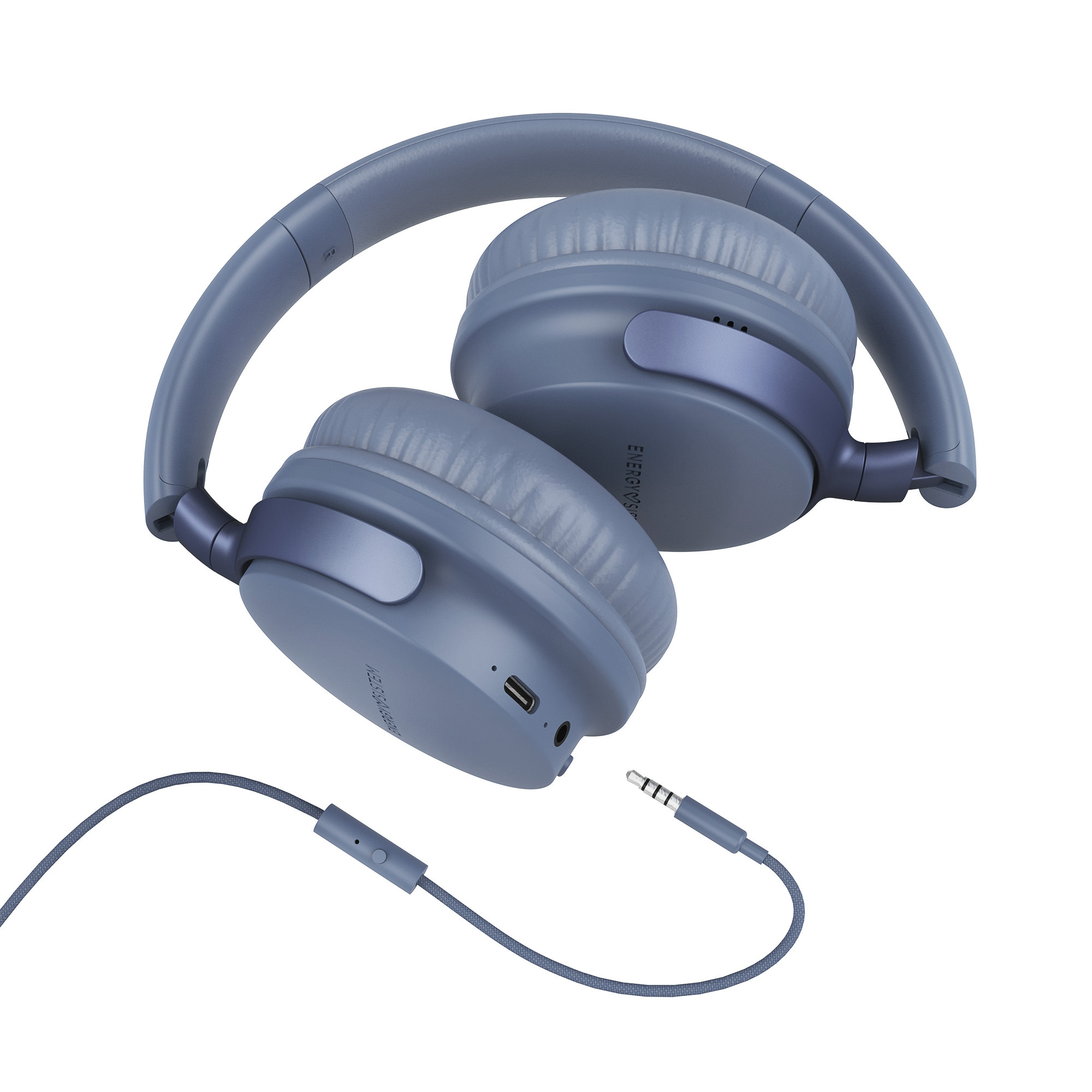 Blaue Kopfhörer mit Kabel, USB-Anschluss und Steuertaste. Die Ohrmuscheln sind Over-Ear-Stil.