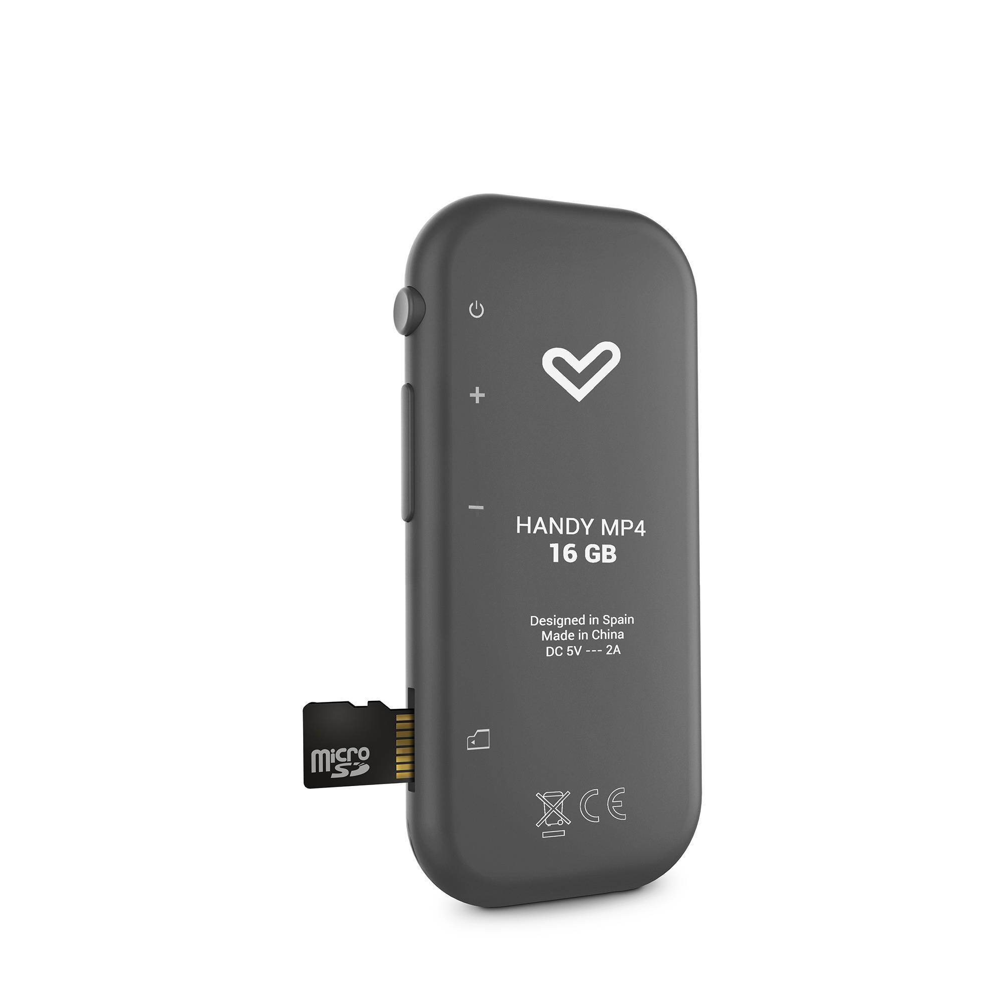 Reproductor MP4 Handy gris con tarjeta microSD insertada. Logo de corazón y botones de control.