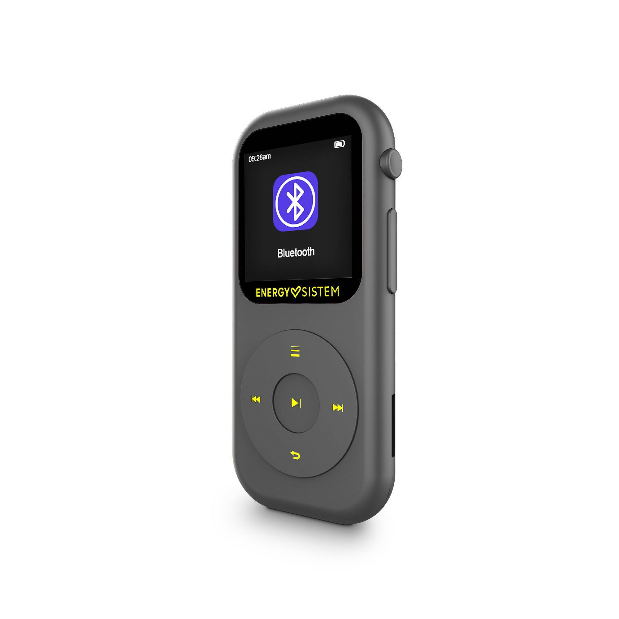 Un reproductor MP3 gris con una pantalla que muestra un símbolo de Bluetooth. Botones debajo de la pantalla.