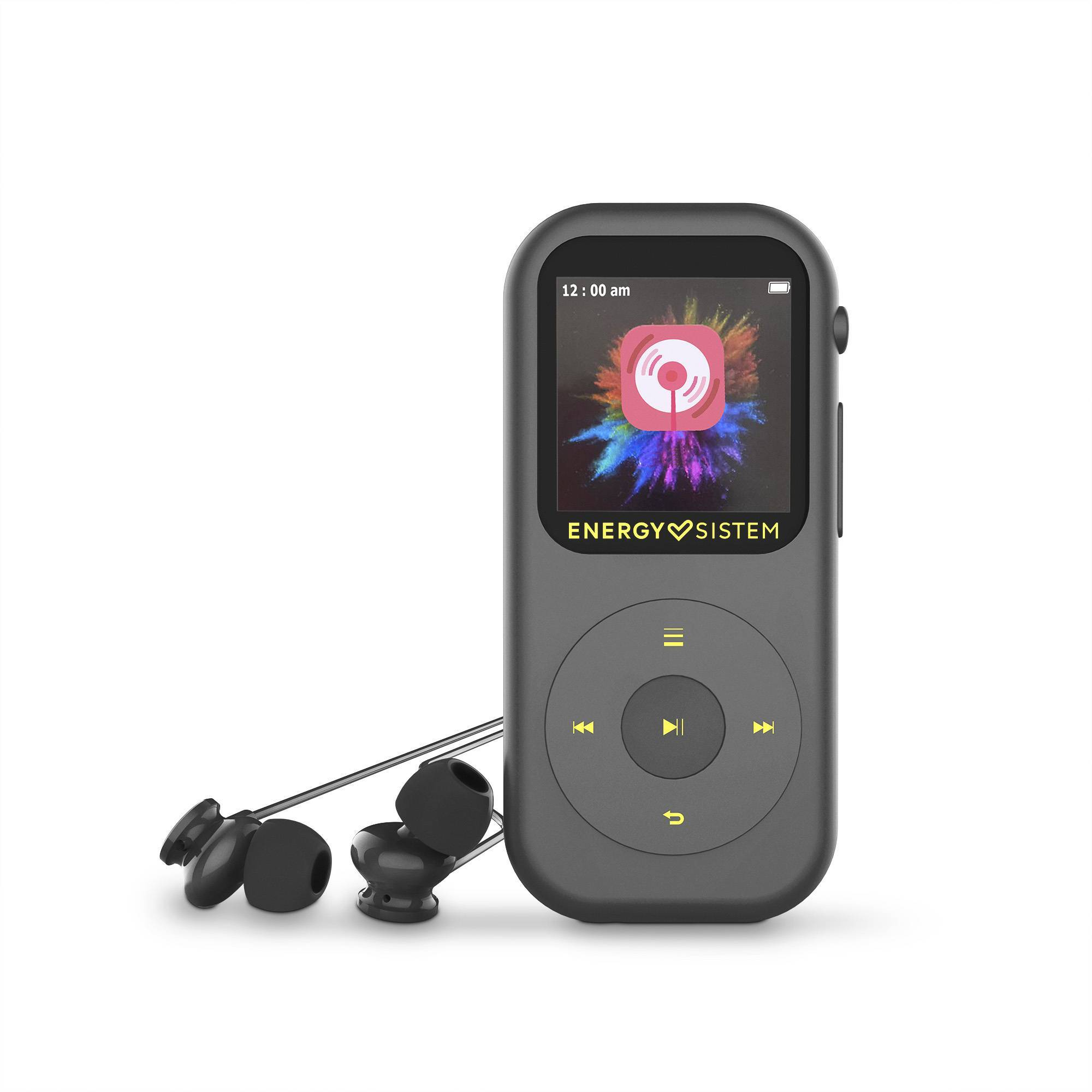 Un reproductor MP3 gris con pantalla y auriculares. La pantalla muestra una interfaz musical.