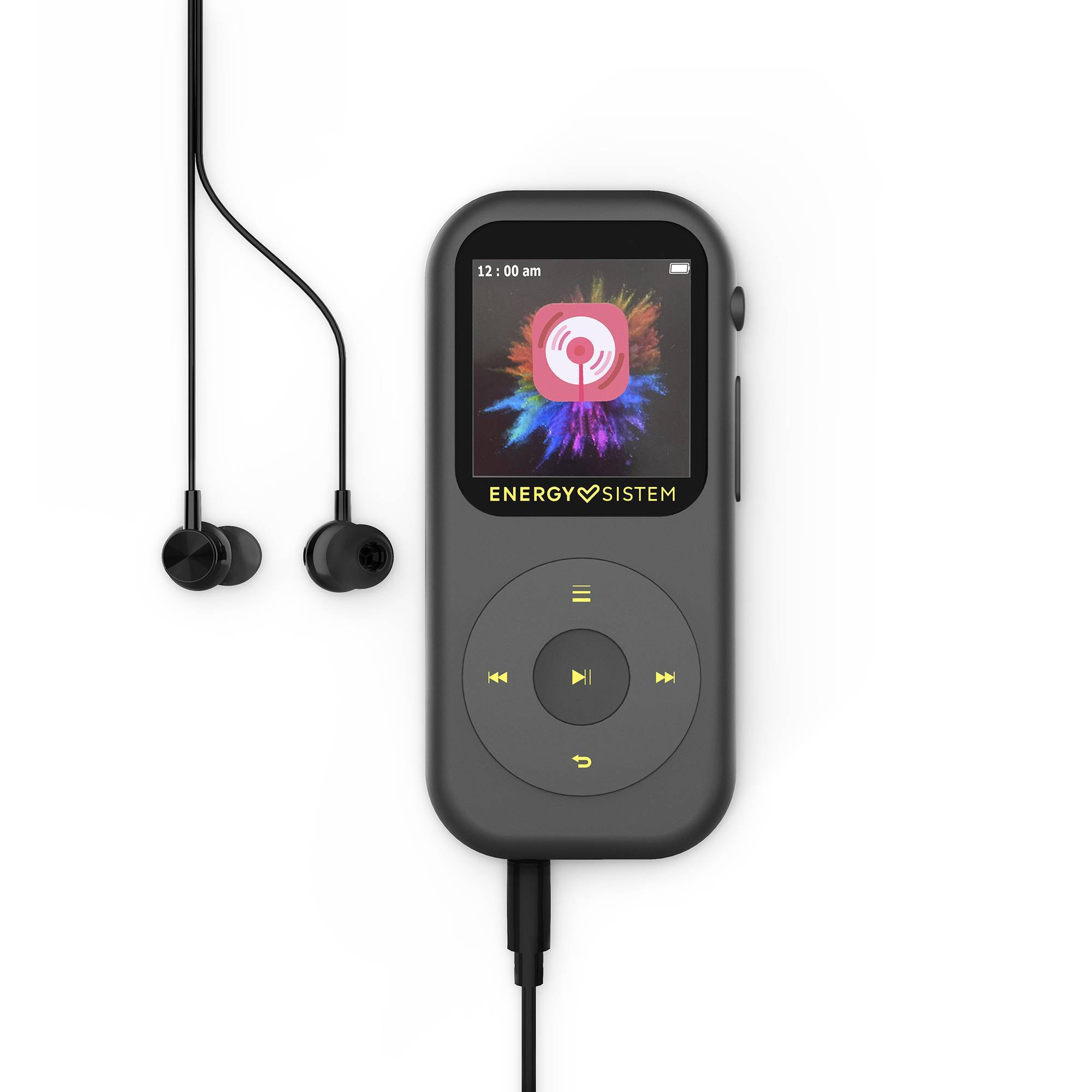 Reproductor MP3 negro con pantalla con logo y botones. Auriculares negros adjuntos, fondo blanco.