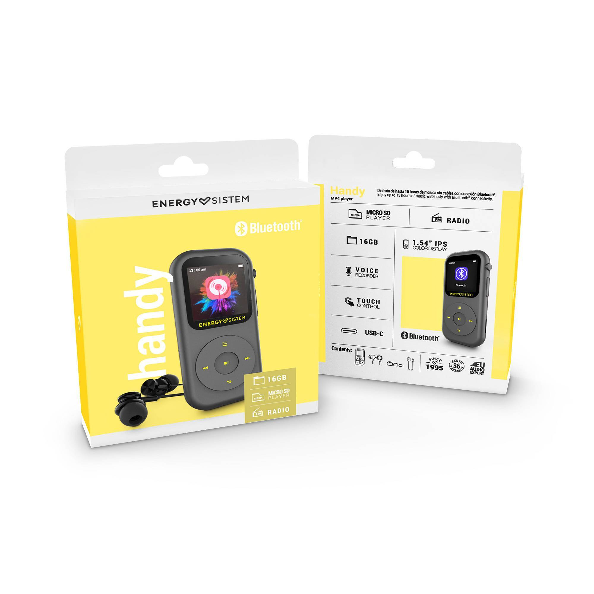 Un reproductor MP3 negro en caja con auriculares y una pantalla que muestra la interfaz.