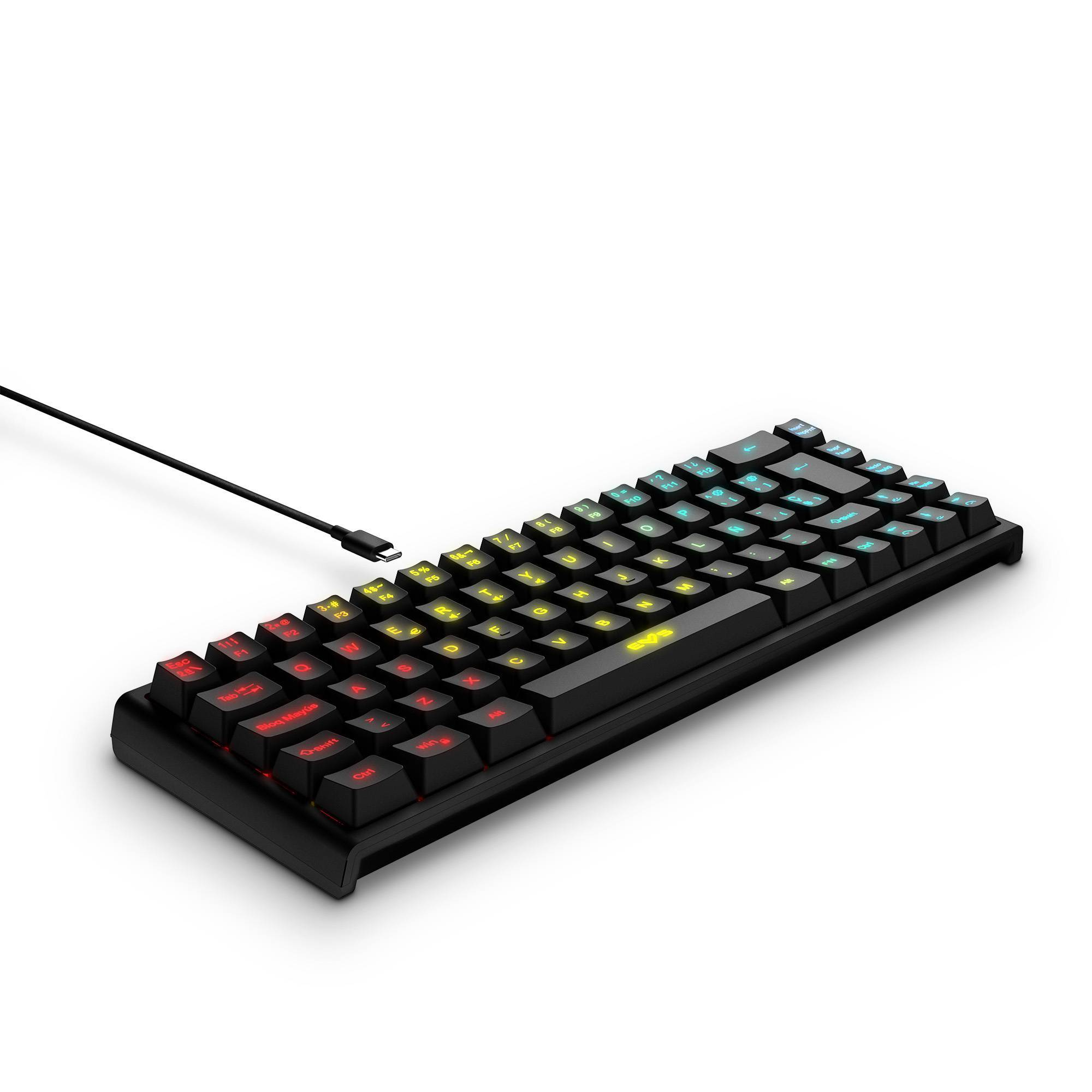Teclado negro con teclas coloridas sobre fondo blanco, vista en ángulo.