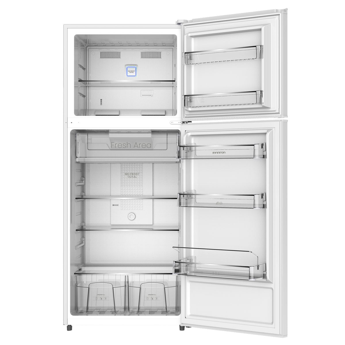 Refrigerador blanco abierto con estantes, cajones y contenido visible.
