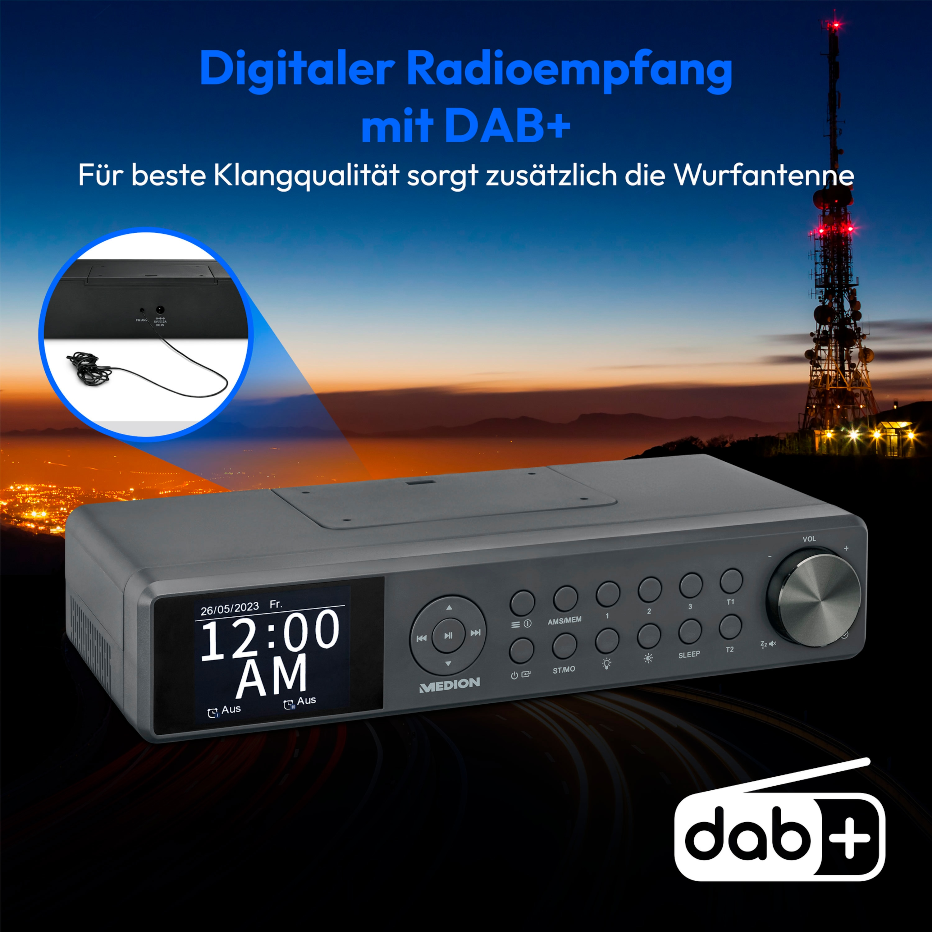 grau DAB+/PLL-UKW P66750 2x3W RMS LIFE® Küchenradio, MEDION 5.0, 2,4\'\' Bluetooth® TFT-Farbdisplay, KW, Radio, KÜCHENRADIO,
