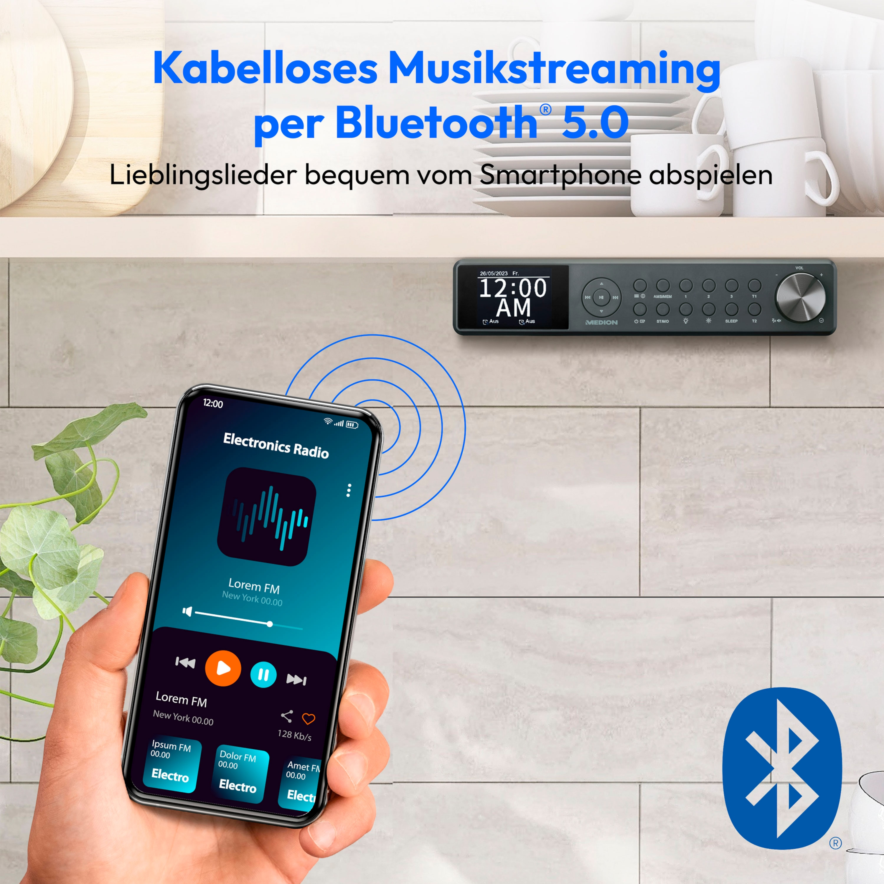 2x3W Bluetooth® TFT-Farbdisplay, 5.0, LIFE® Küchenradio, P66750 KÜCHENRADIO, grau KW, DAB+/PLL-UKW MEDION RMS Radio, 2,4\'\'