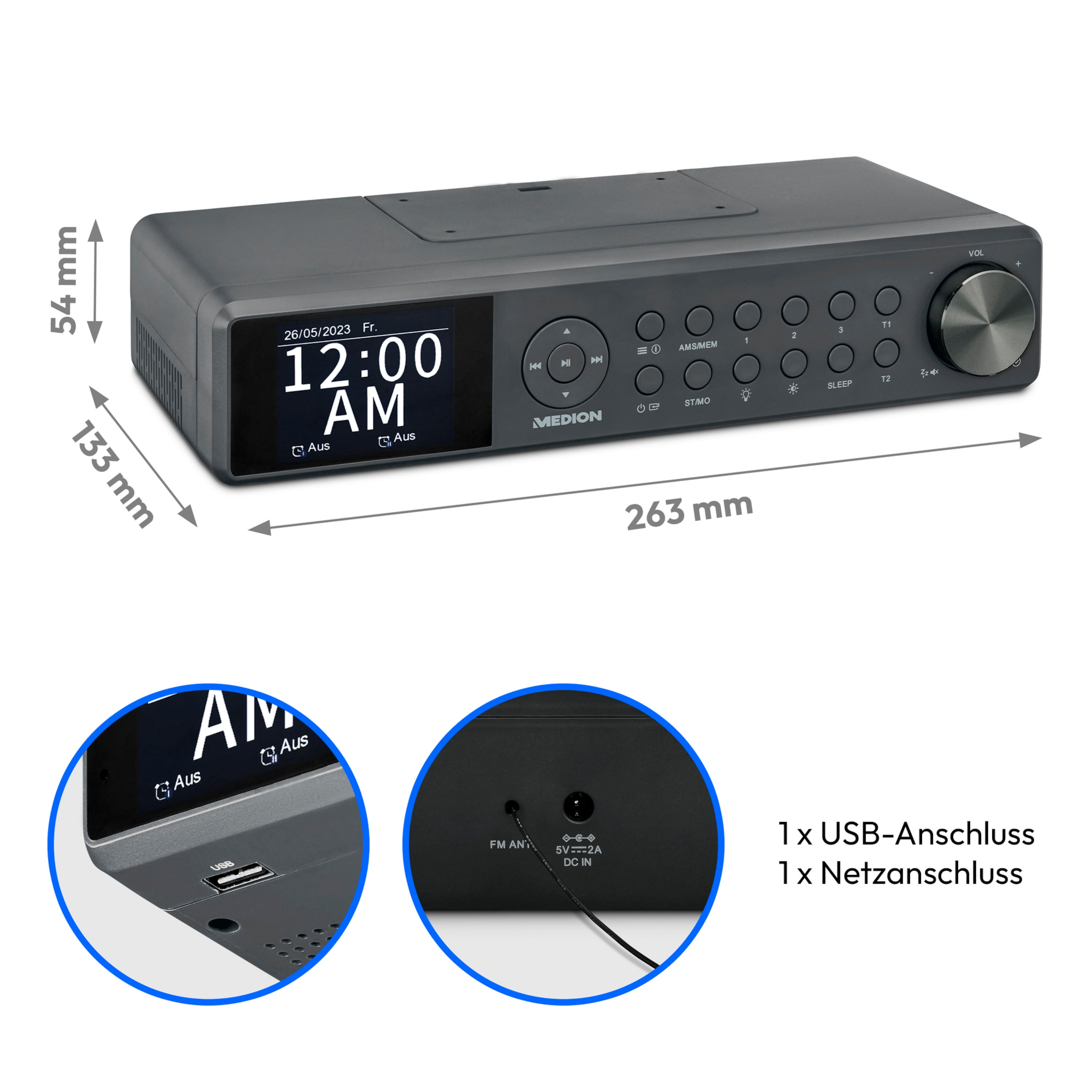 MEDION LIFE® RMS DAB+/PLL-UKW KÜCHENRADIO, 2,4\'\' KW, Bluetooth® Küchenradio, Radio, TFT-Farbdisplay, 5.0, P66750 grau 2x3W